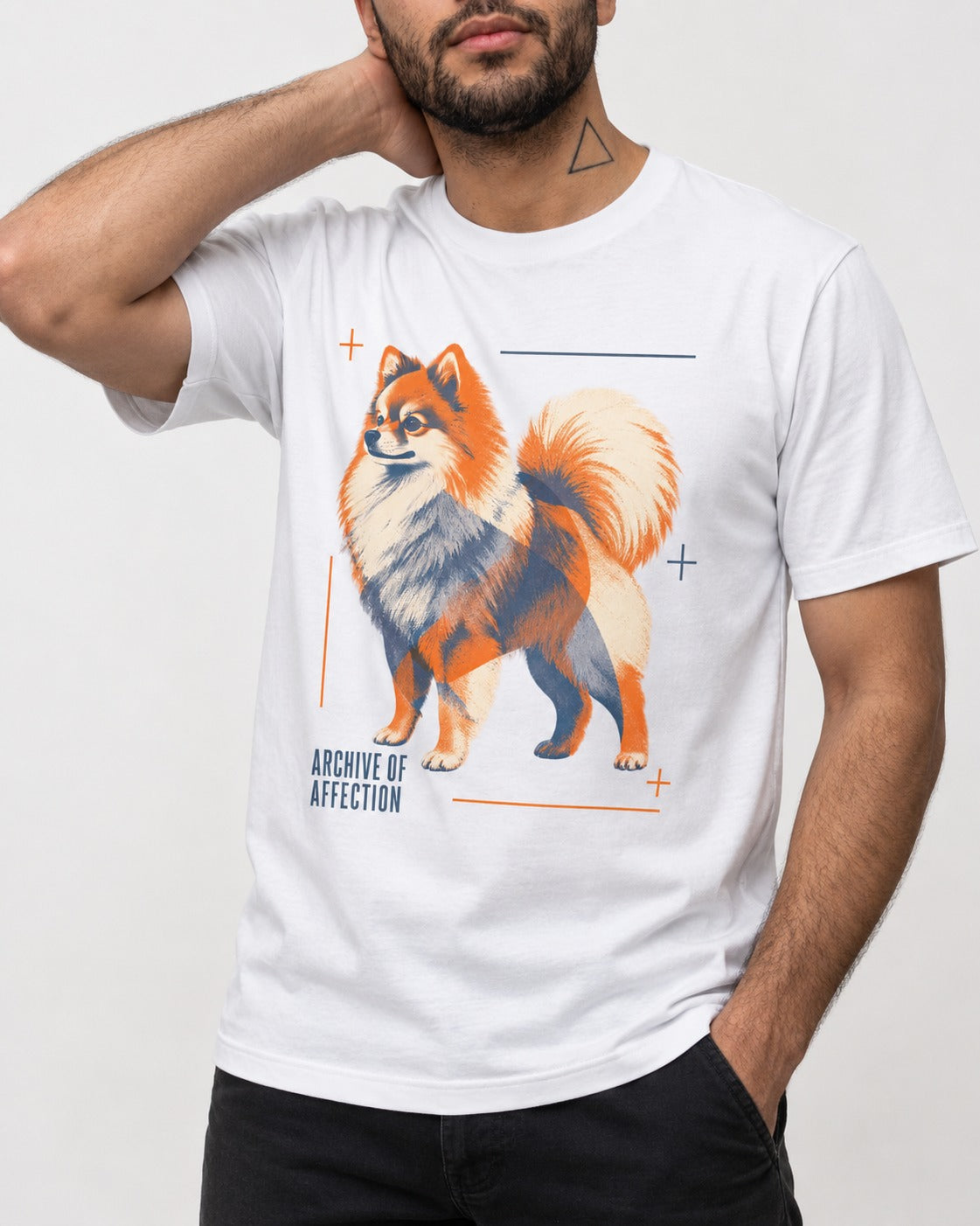 Pomeranian Archive of Affection T-Shirt in White, worn by a model, front view