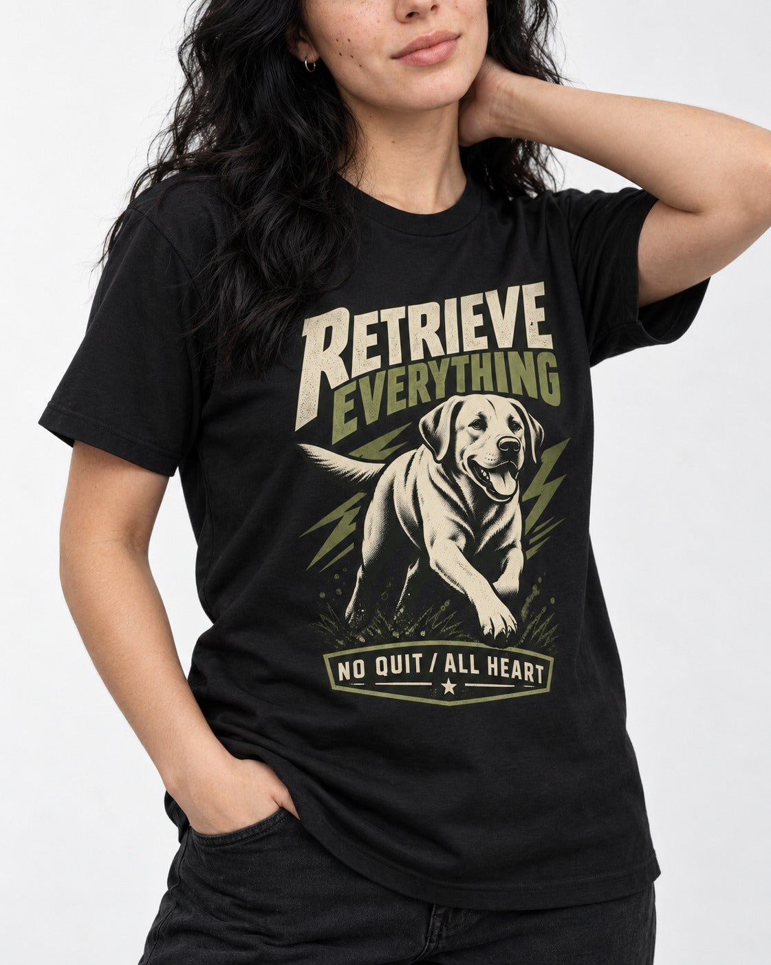 Labrador Retriever Retrieve Everything No Quit All Heart Running Graphic T-Shirt in Black, worn by a model, front view