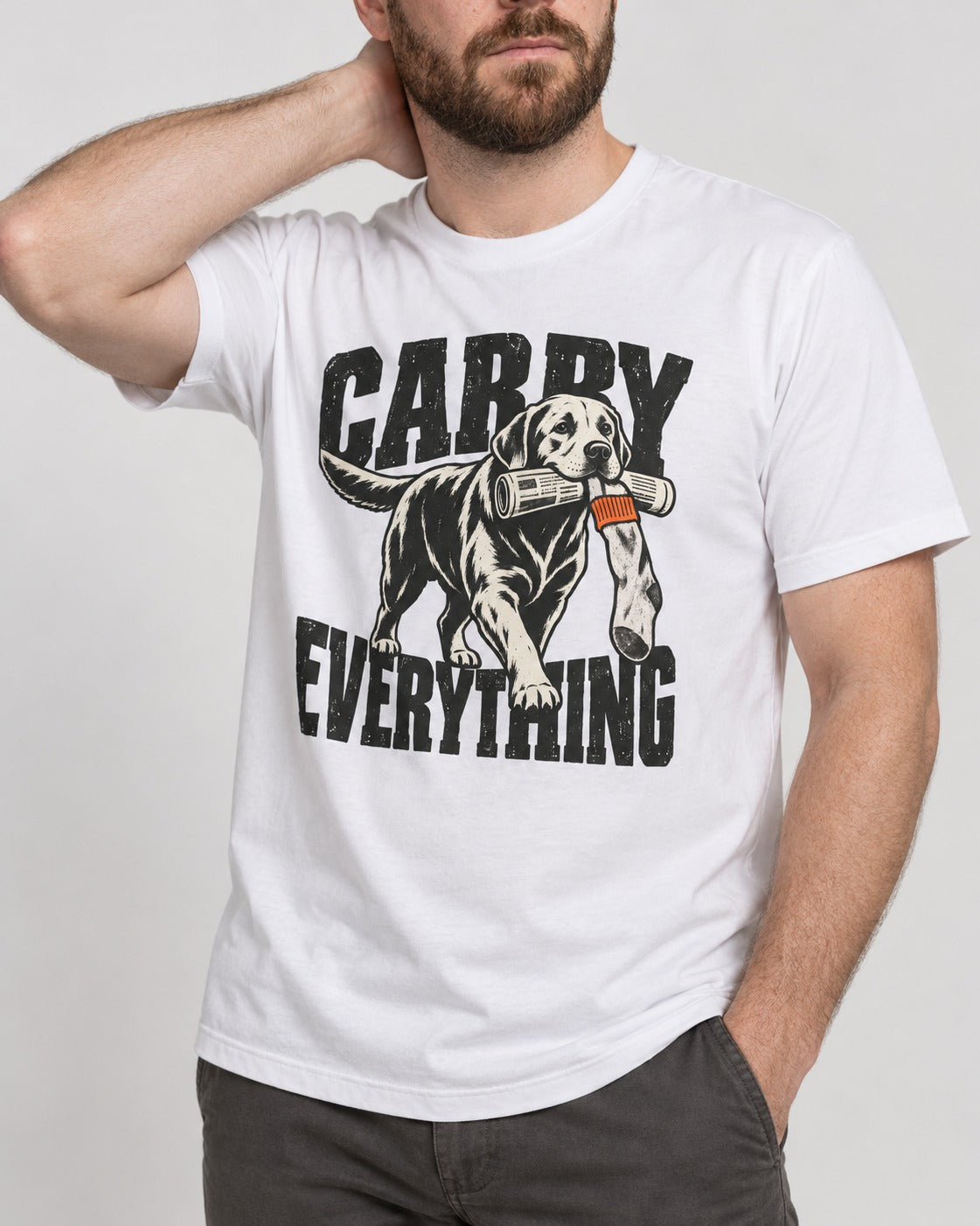 Carry Everything Labrador Retriever T-Shirt in White, worn by a model, front view