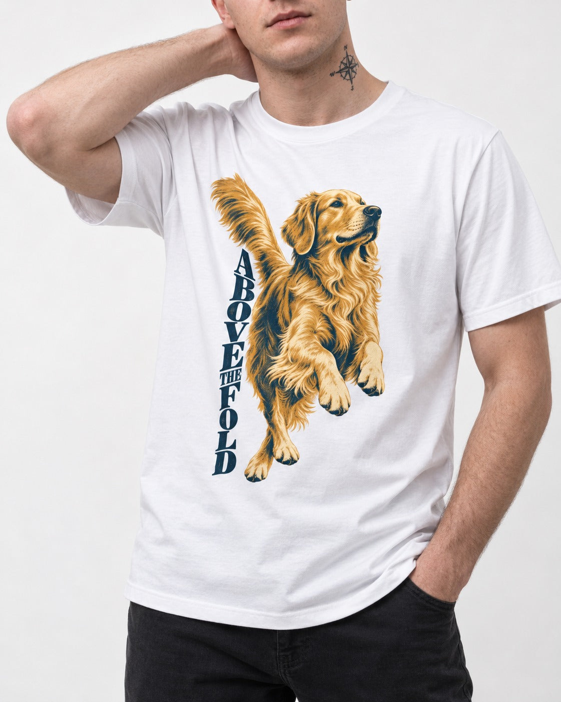 Golden Retriever Above the Fold T-Shirt in White, worn by a model, front view
