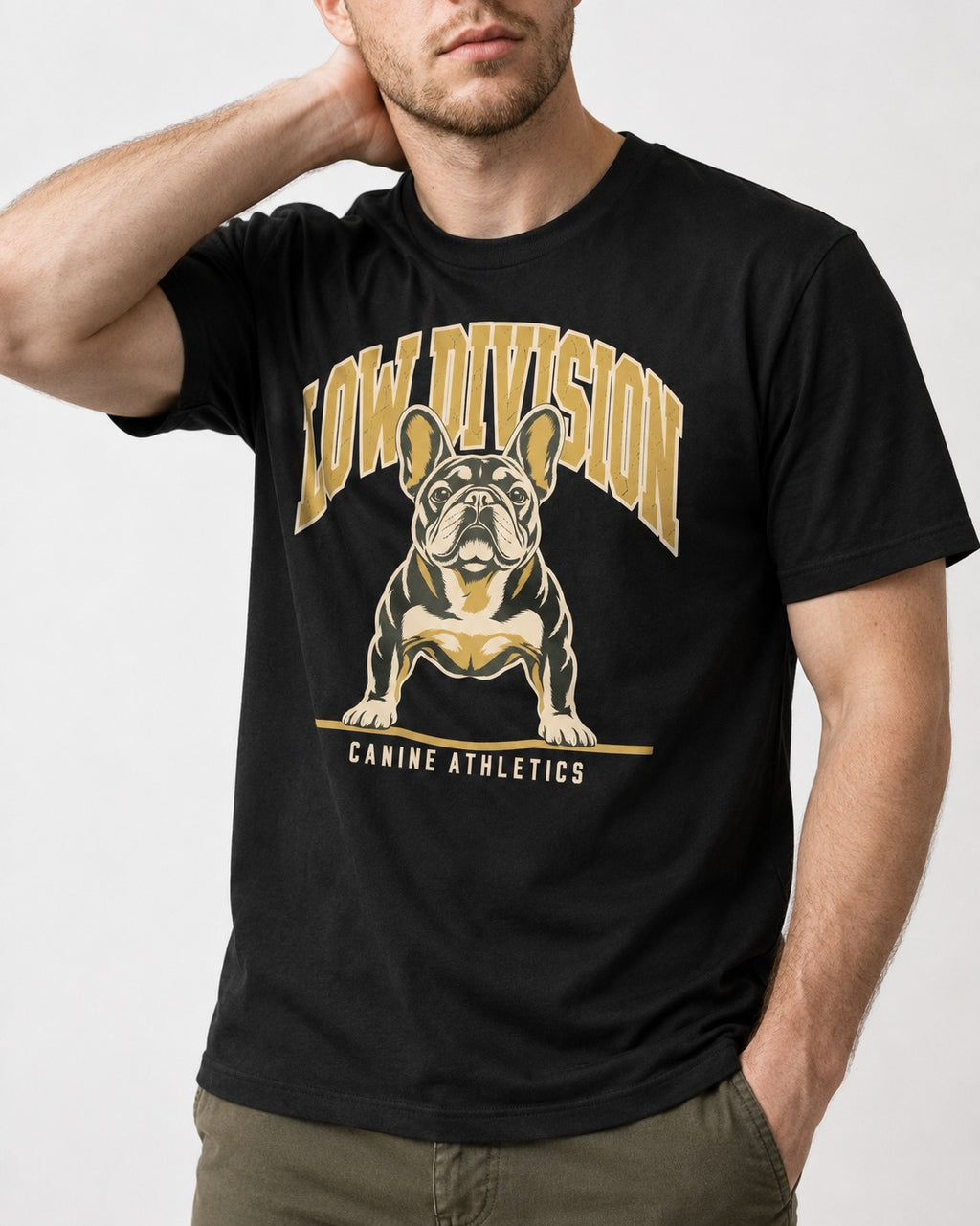 Frenchie Low Division Canine Athletics Graphic T-Shirt in Black, worn by a model, front view