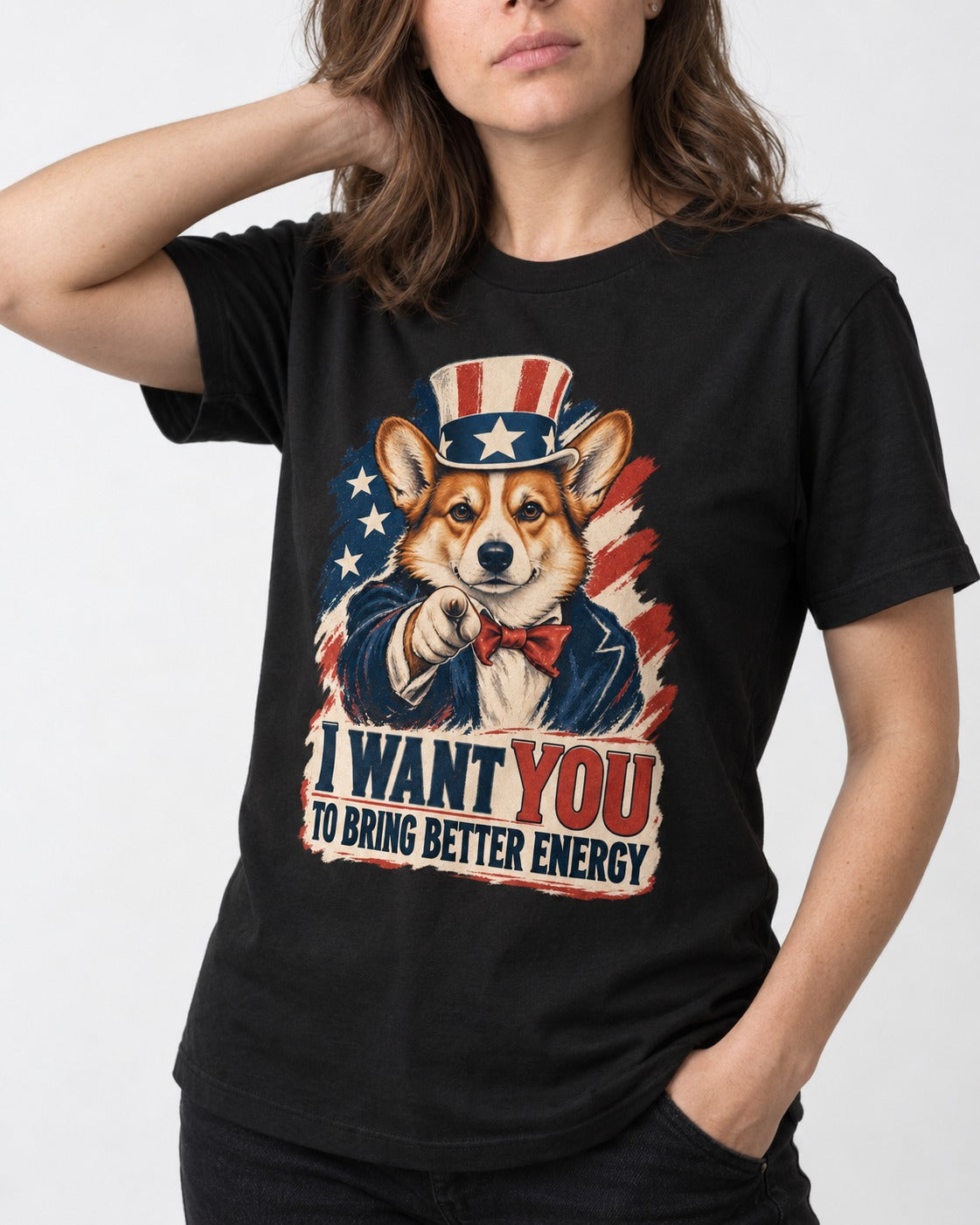 Corgi I Want You to Bring Better Energy Uncle Sam T-Shirt in Black, worn by a model, front view