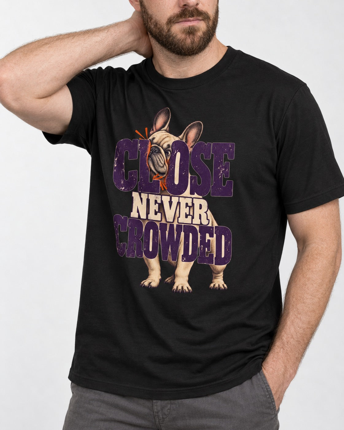 Frenchie Close Never Crowded Peekaboo Type Graphic T-Shirt in Black, worn by a model, front view
