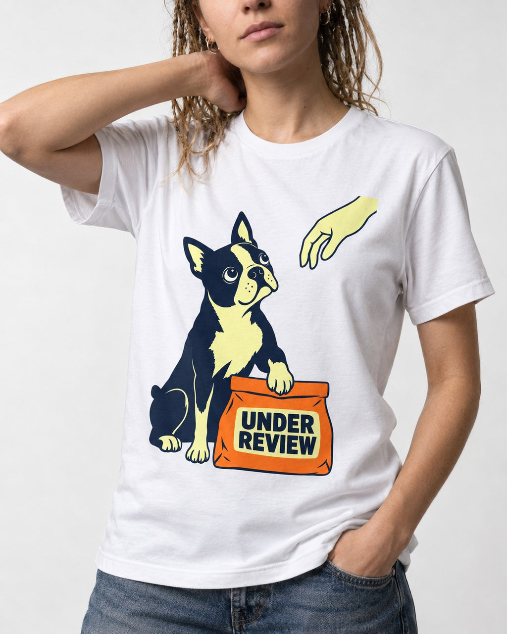 Boston Terrier Under Review T-Shirt in White, worn by a model, front view