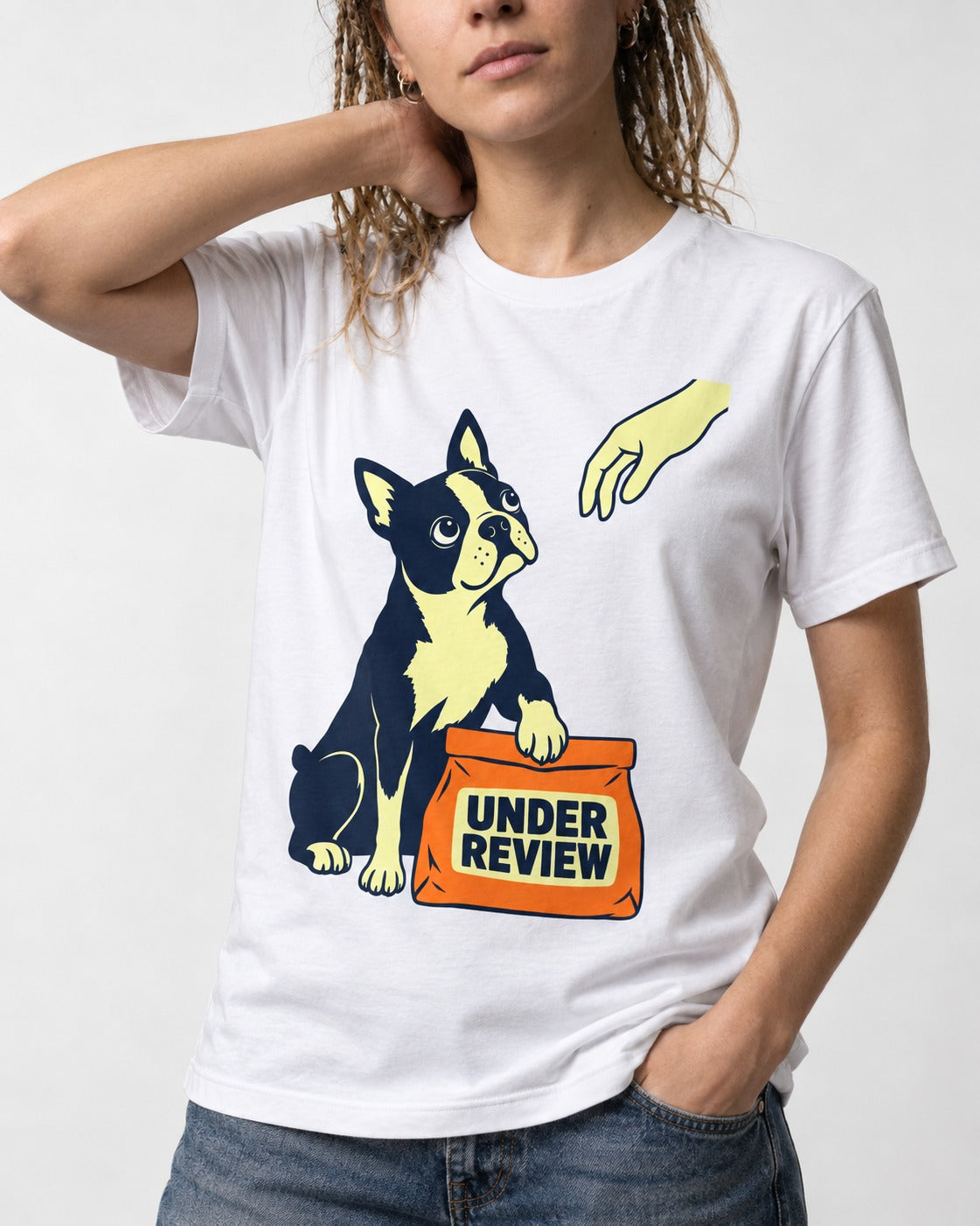 Boston Terrier Under Review T-Shirt in White, worn by a model, front view