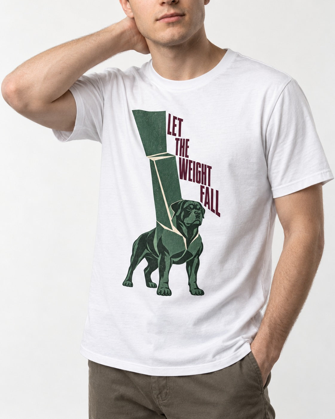Let the Weight Fall Rottweiler T-Shirt in White, worn by a model, front view
