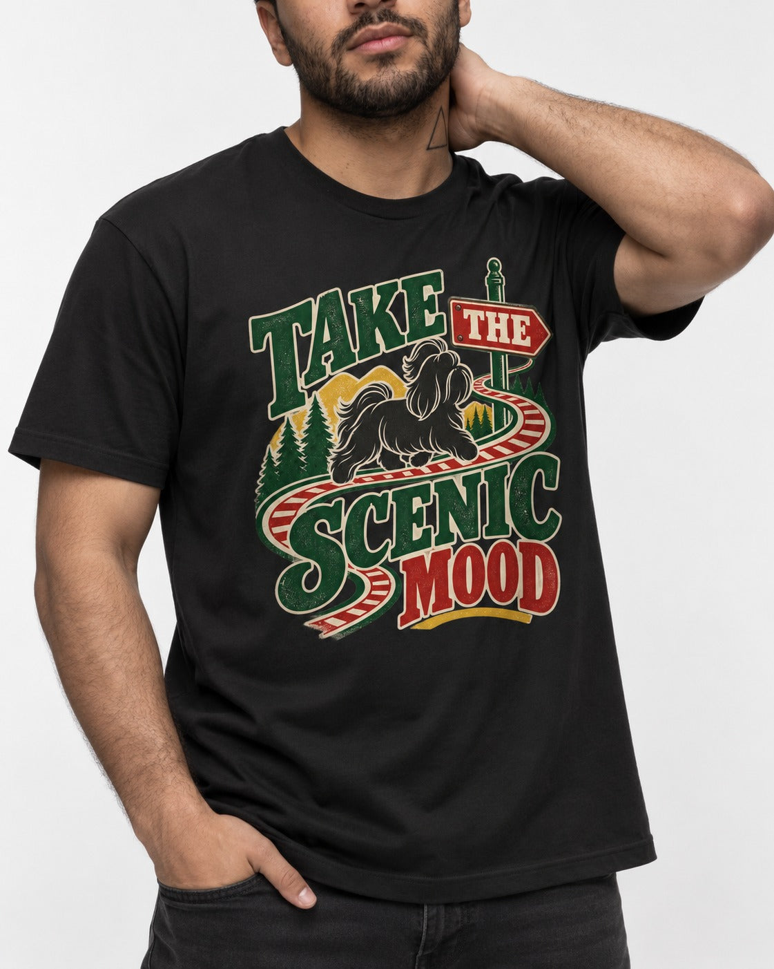 Shih Tzu Take the Scenic Mood Road Sign Graphic T-Shirt in Black, worn by a model, front view