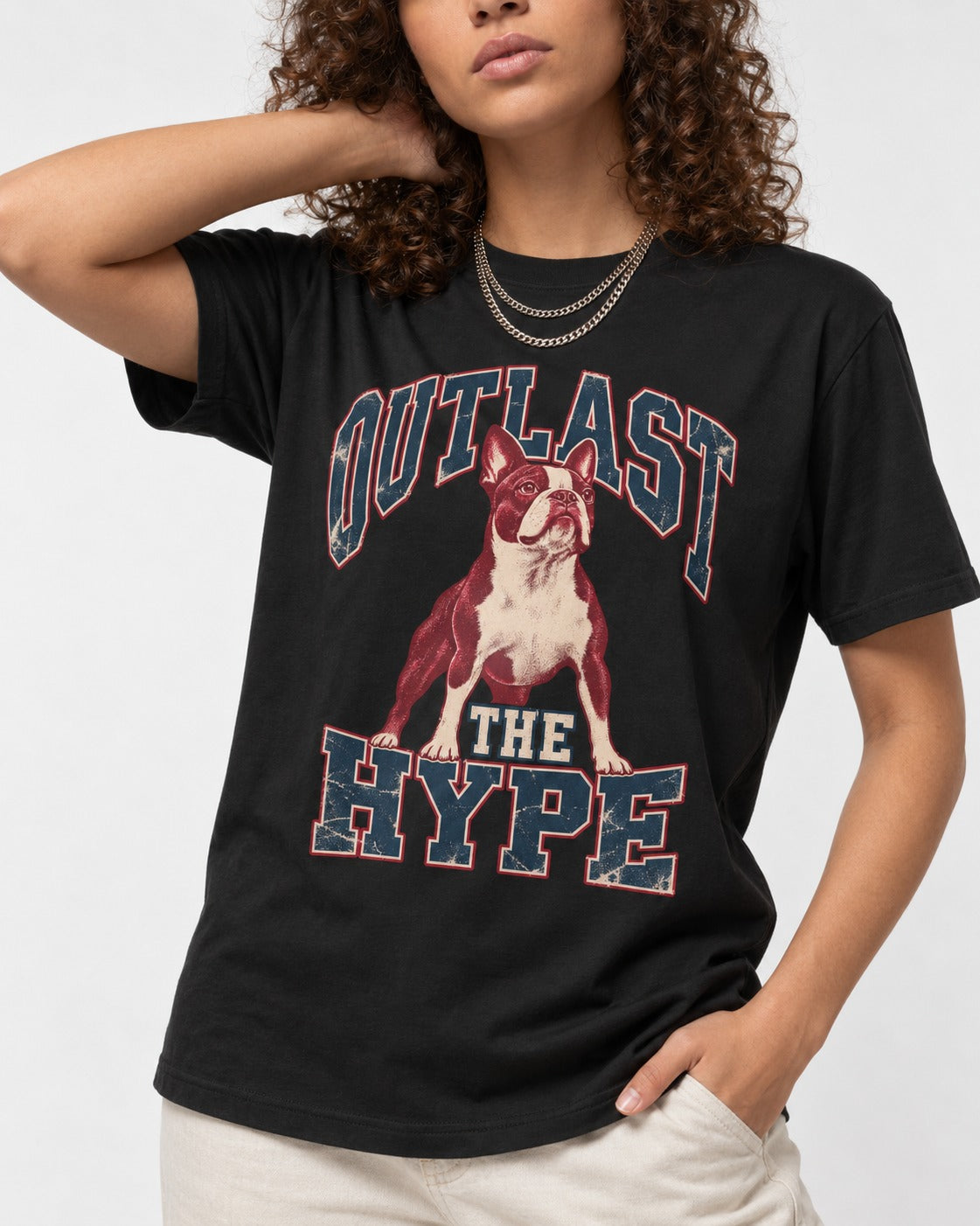 Boston Terrier Outlast The Hype Collegiate Graphic T-Shirt in Black, worn by a model, front view