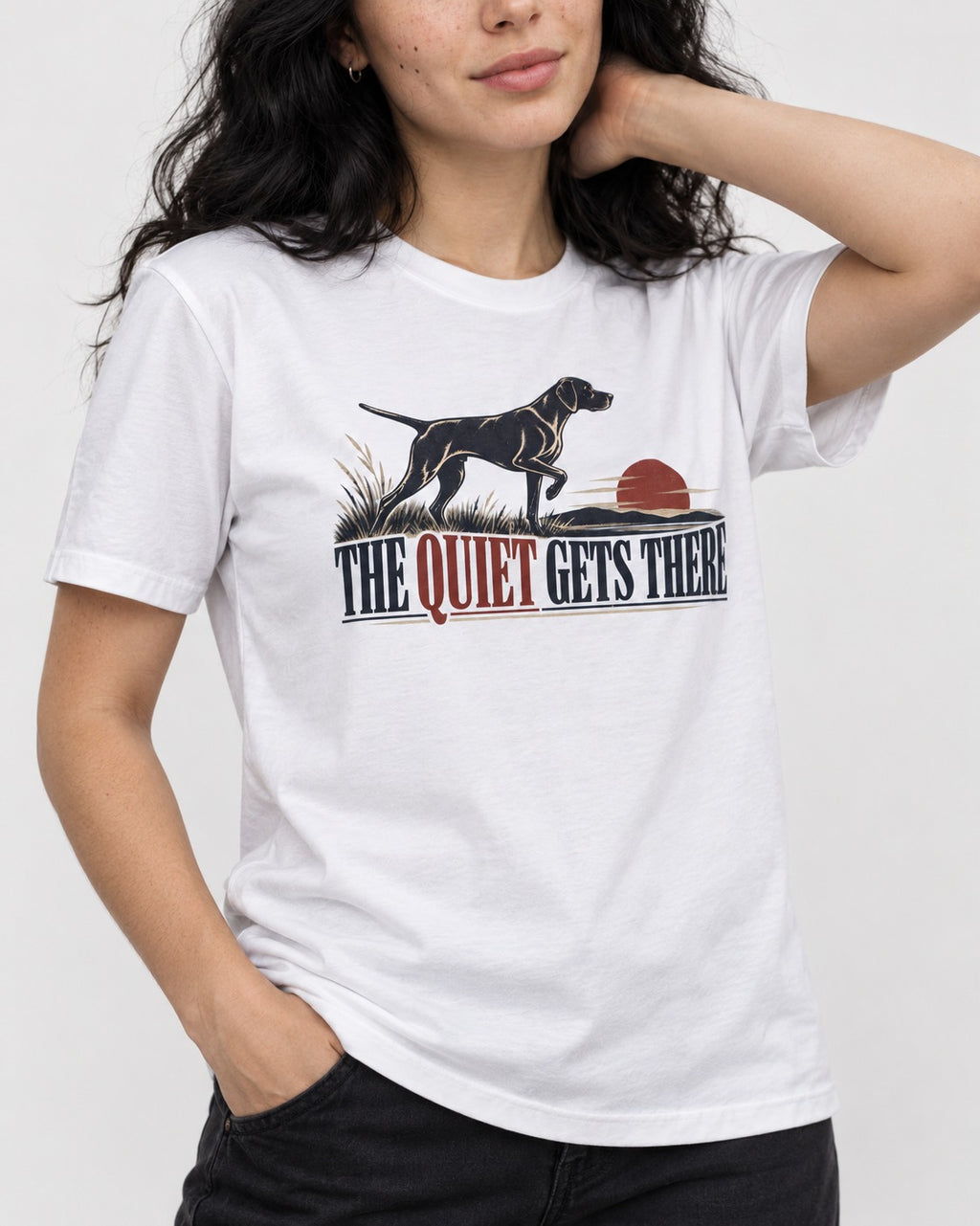 The Quiet Gets There German Shorthaired Pointer T-Shirt in White, worn by a model, front view