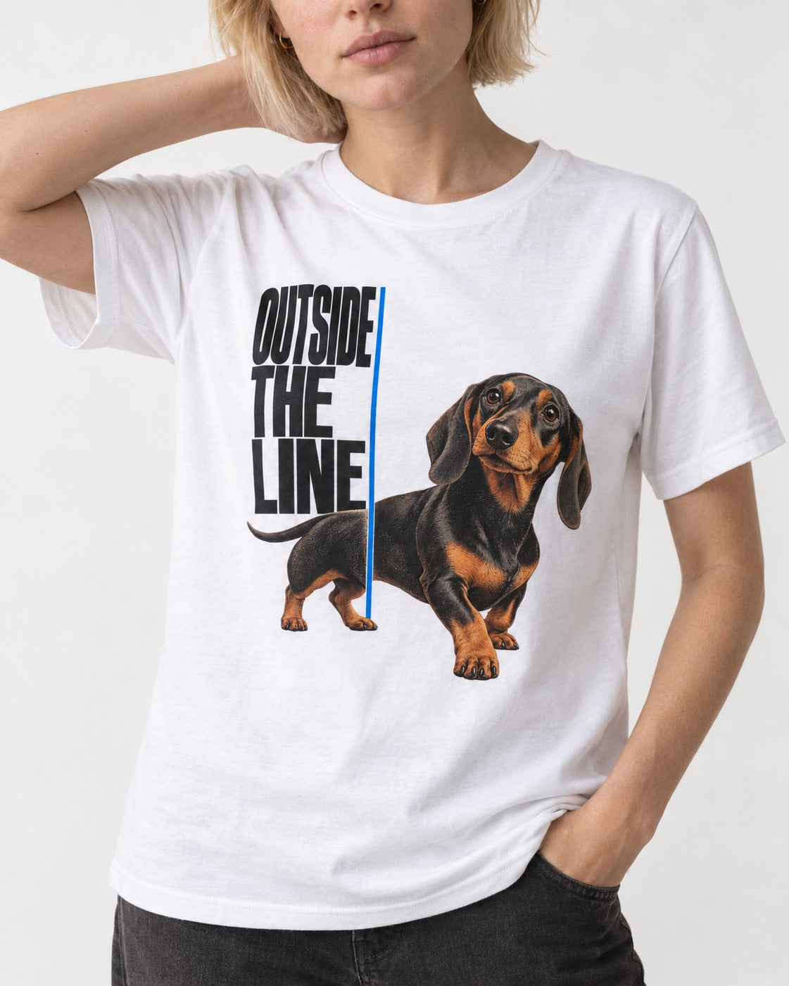 Dachshund Outside the Line T-Shirt in White, worn by a model, front view
