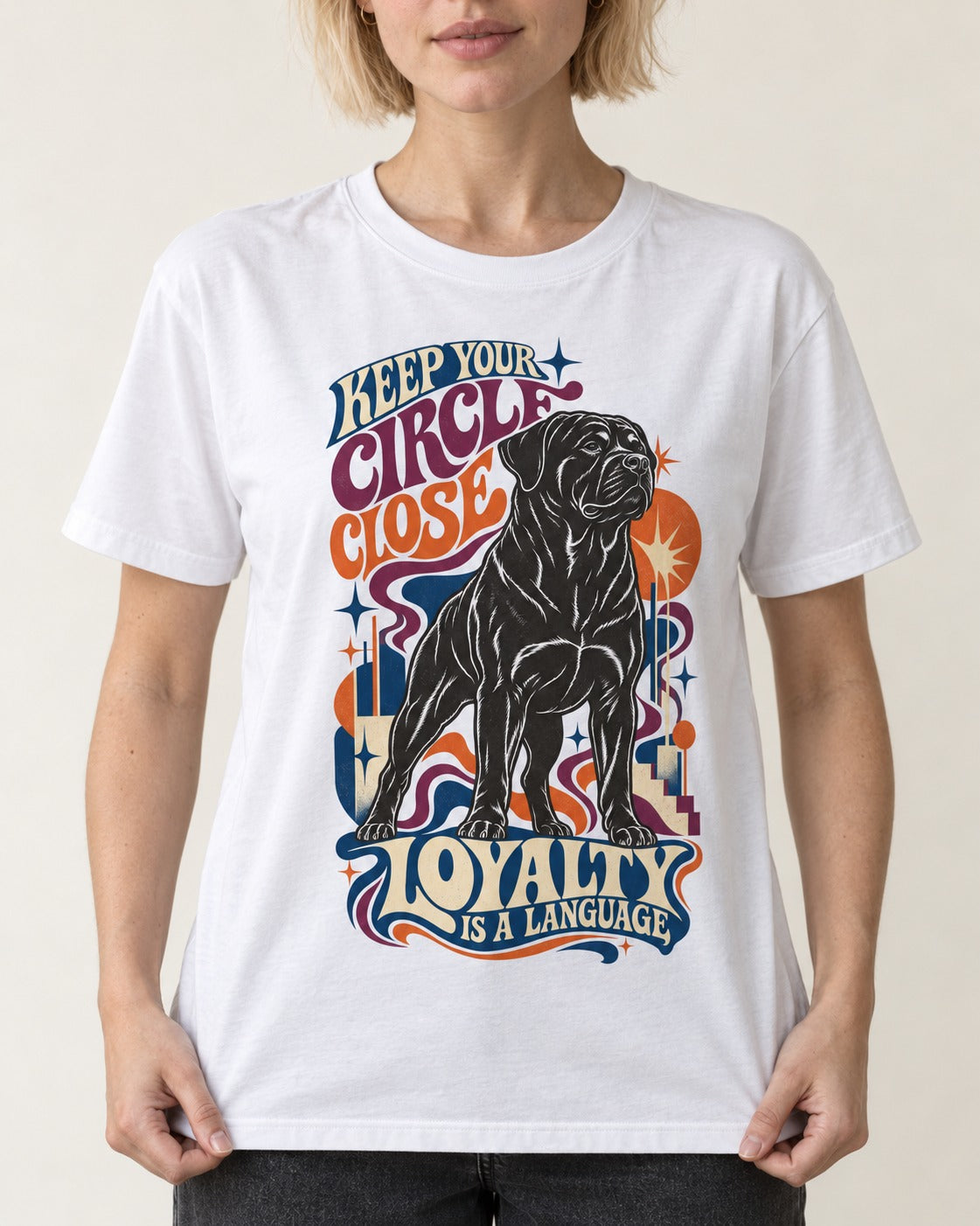 Keep Your Rottweiler Circle Close T-Shirt in White, worn by a model, front view
