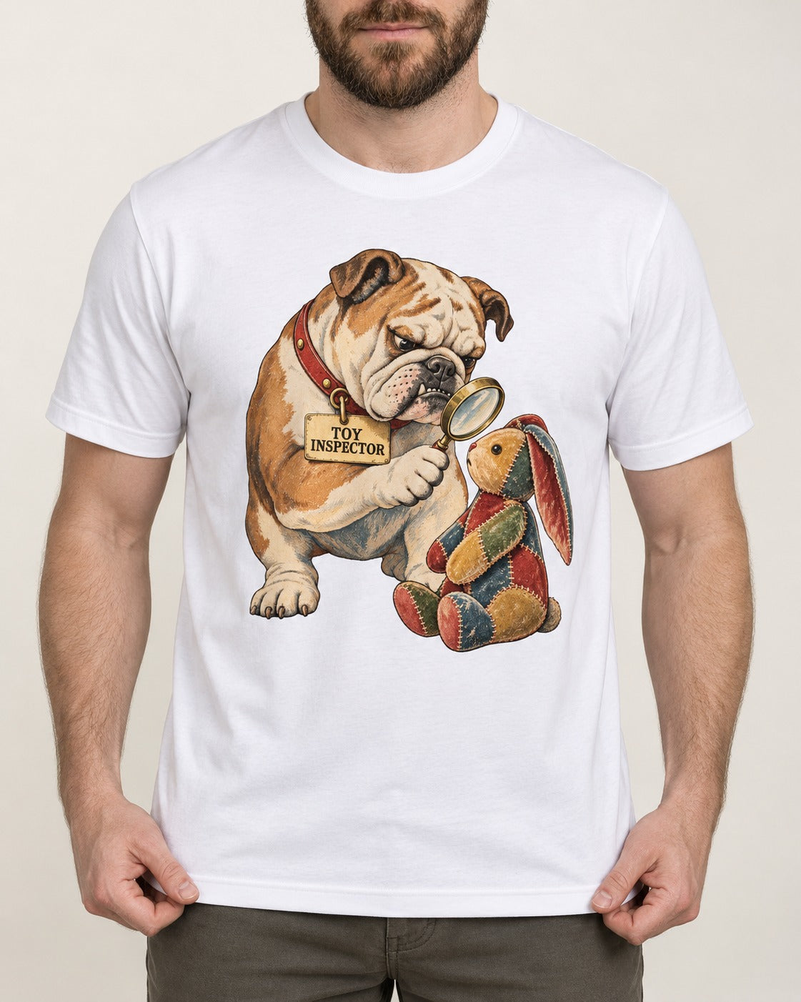 English Bulldog Toy Inspector T-Shirt in White, worn by a model, front view