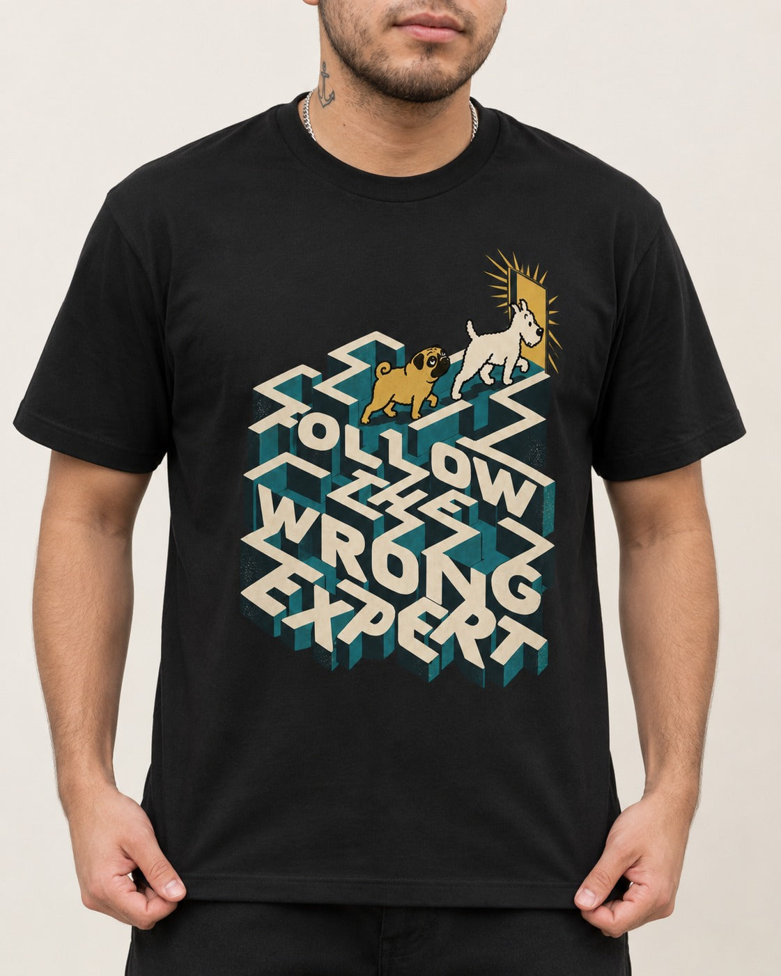 Pug Follow the Wrong Expert Isometric Maze Graphic T-Shirt in Black, worn by a model, front view