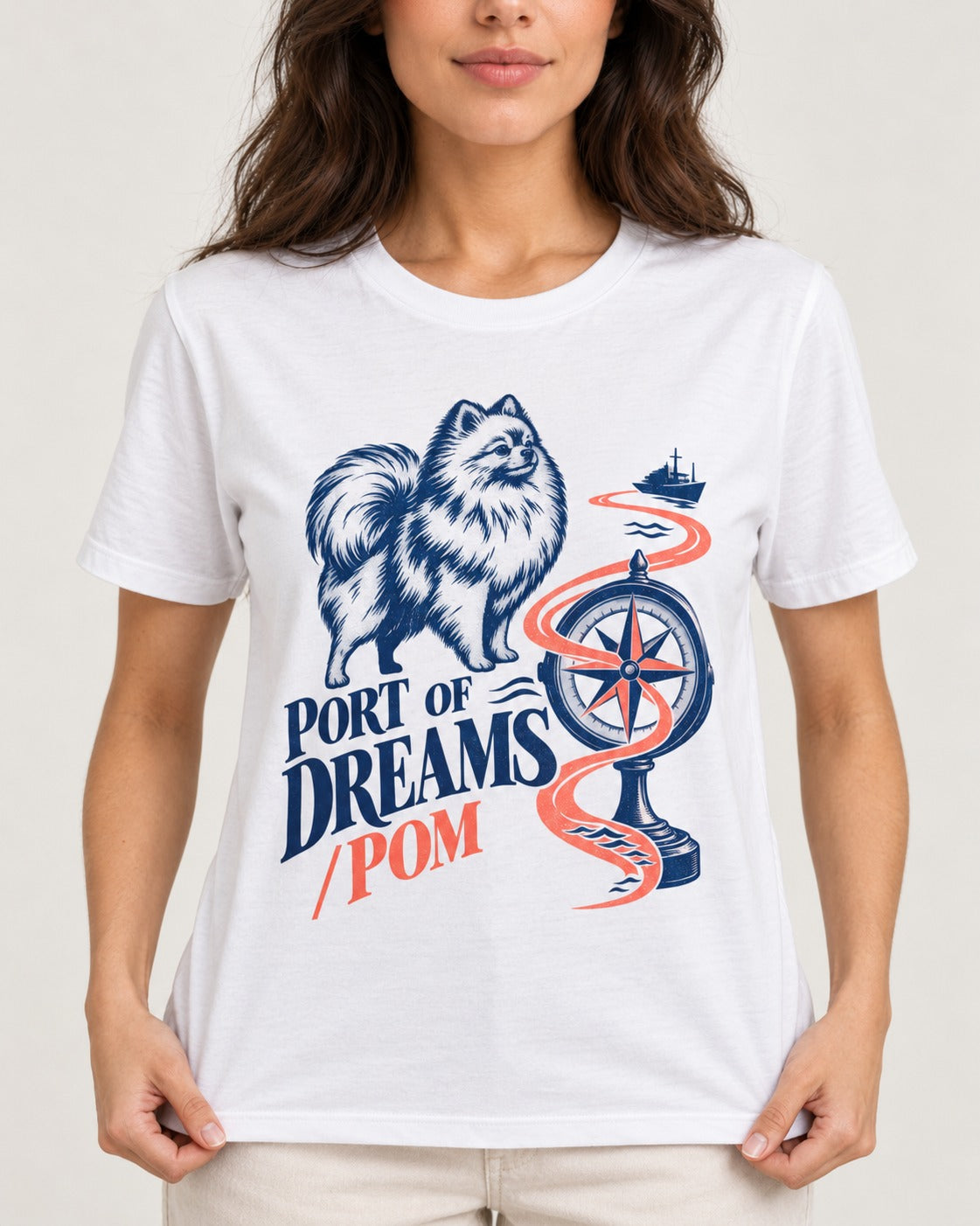 Pomeranian Port of Dreams T-Shirt in White, worn by a model, front view