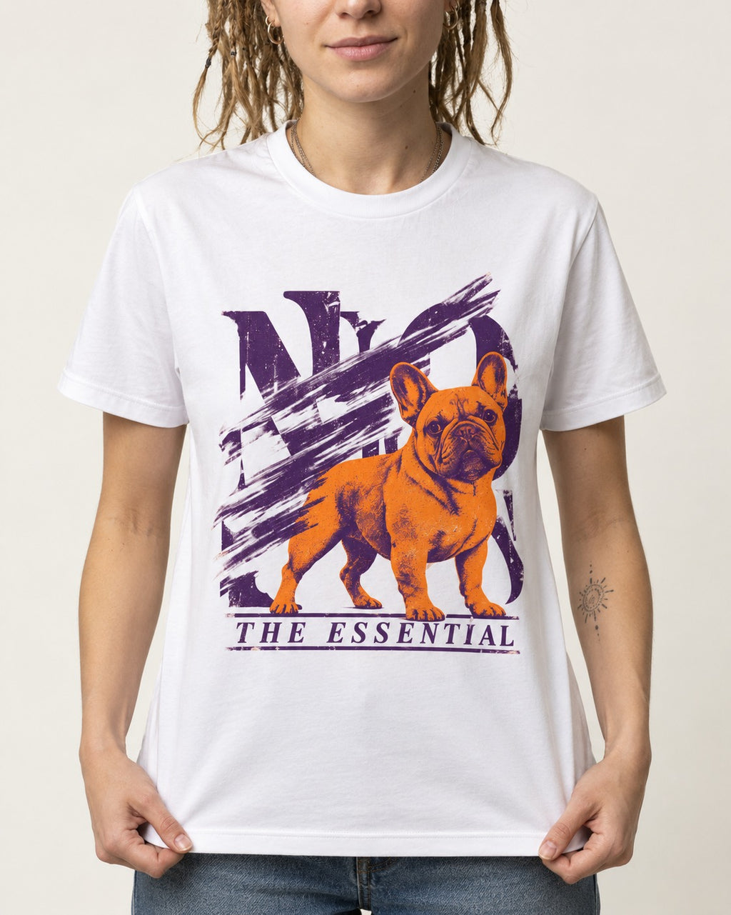 The Essential Frenchie T-Shirt in White, worn by a model, front view