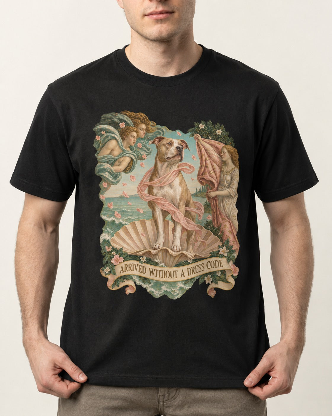Pitbull Arrived Without a Dress Code Venus Parody Graphic T-Shirt in Black, worn by a model, front view