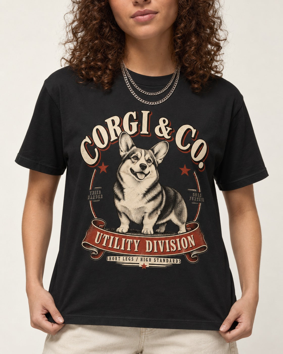Corgi's High Standards T-Shirt in Black, worn by a model, front view