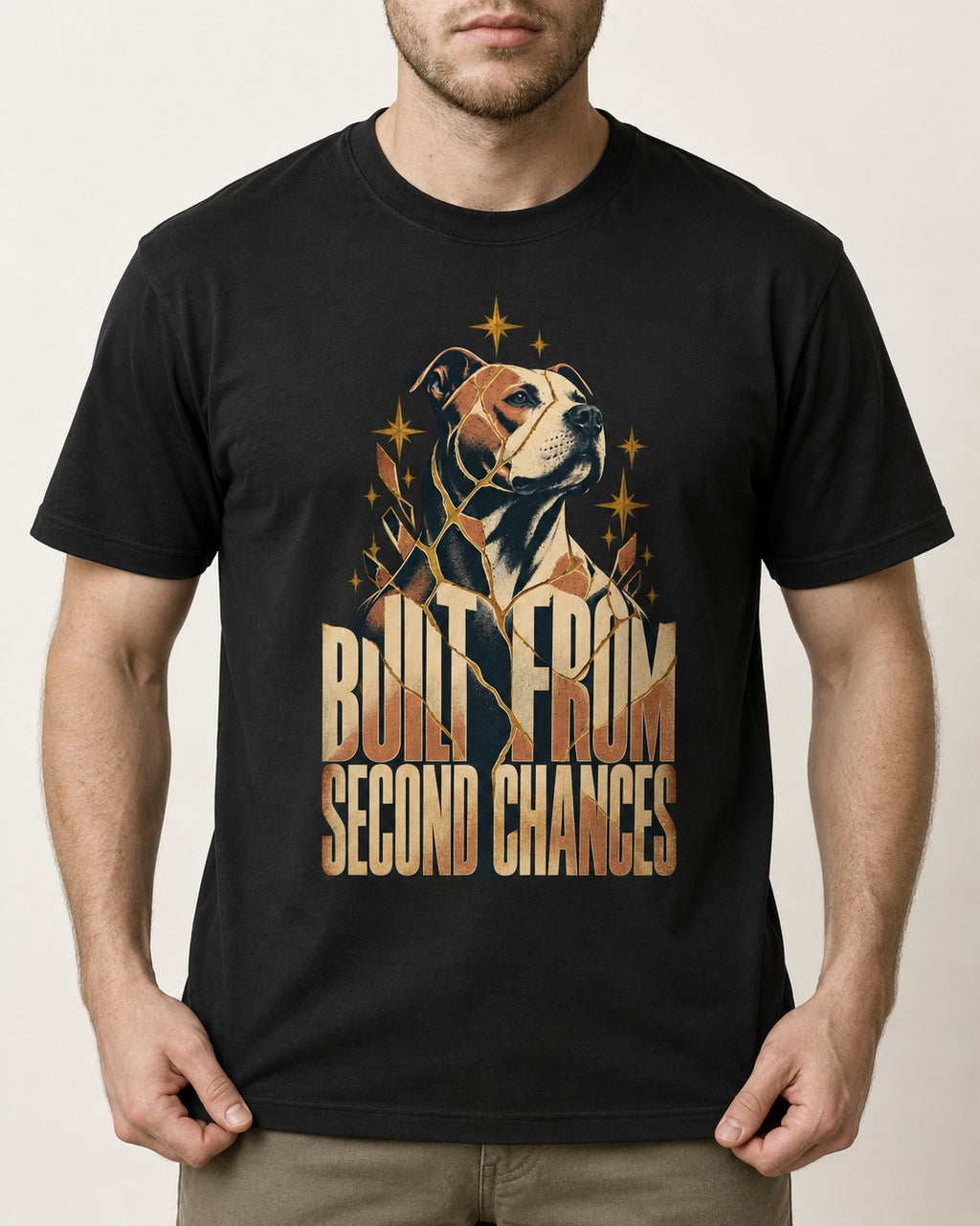 Pitbull Built from Second Chances Kintsugi Graphic T-Shirt in Black, worn by a model, front view