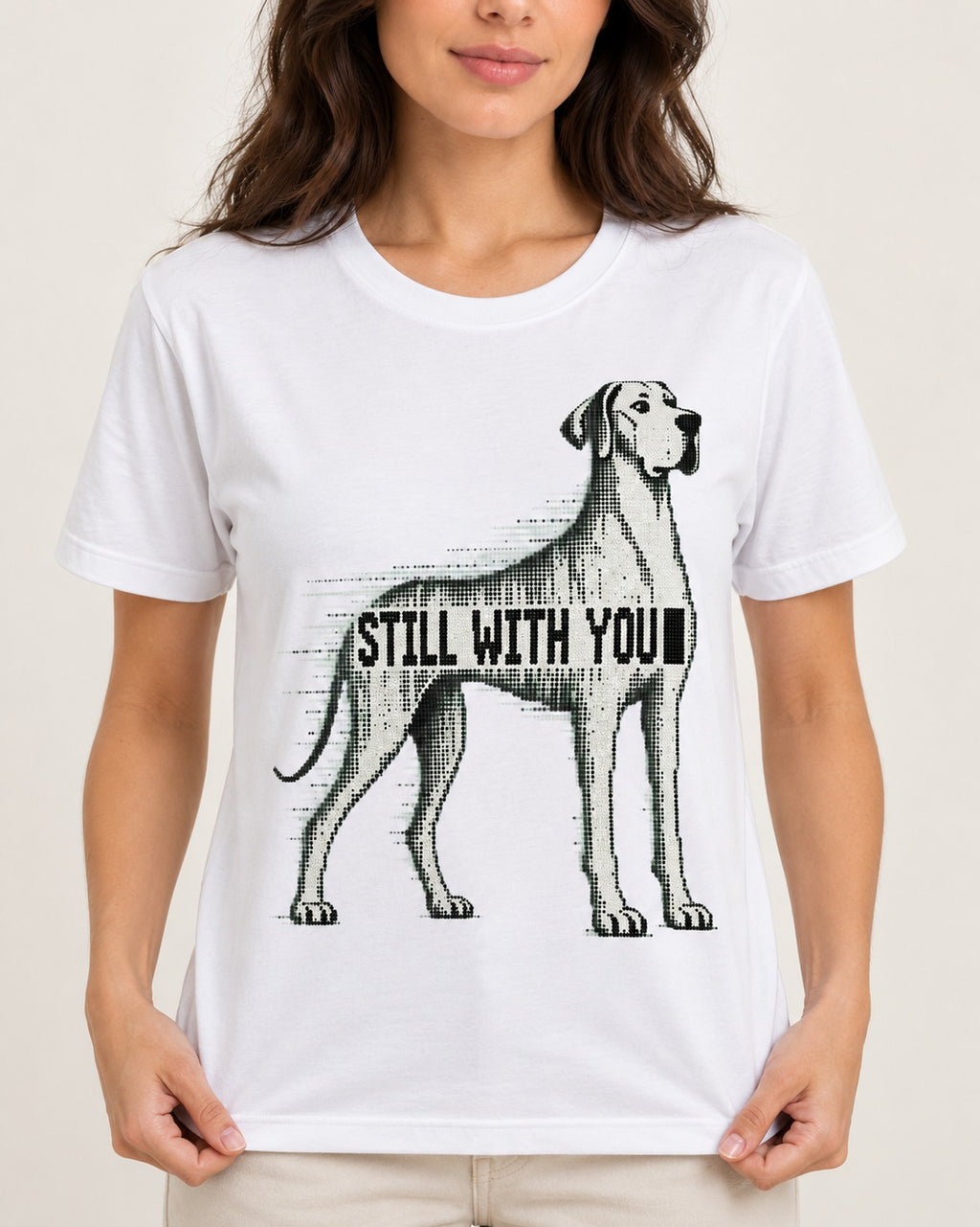 Still with You Great Dane T-Shirt in White, worn by a model, front view