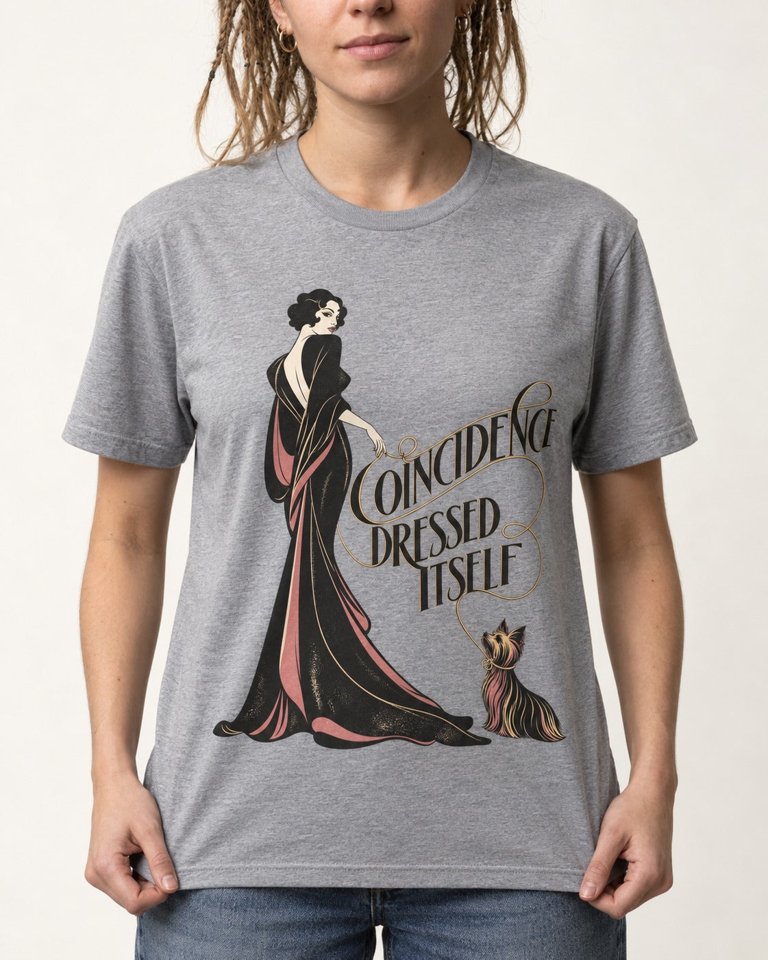 Yorkshire Terrier Coincidence Dressed Itself Art Deco Graphic T-Shirt in Sport Grey, worn by a model, front view