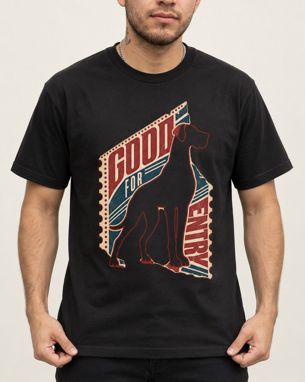Great Dane Good for Nothing Ticket Cutout Graphic T-Shirt in Black, worn by a model, front view