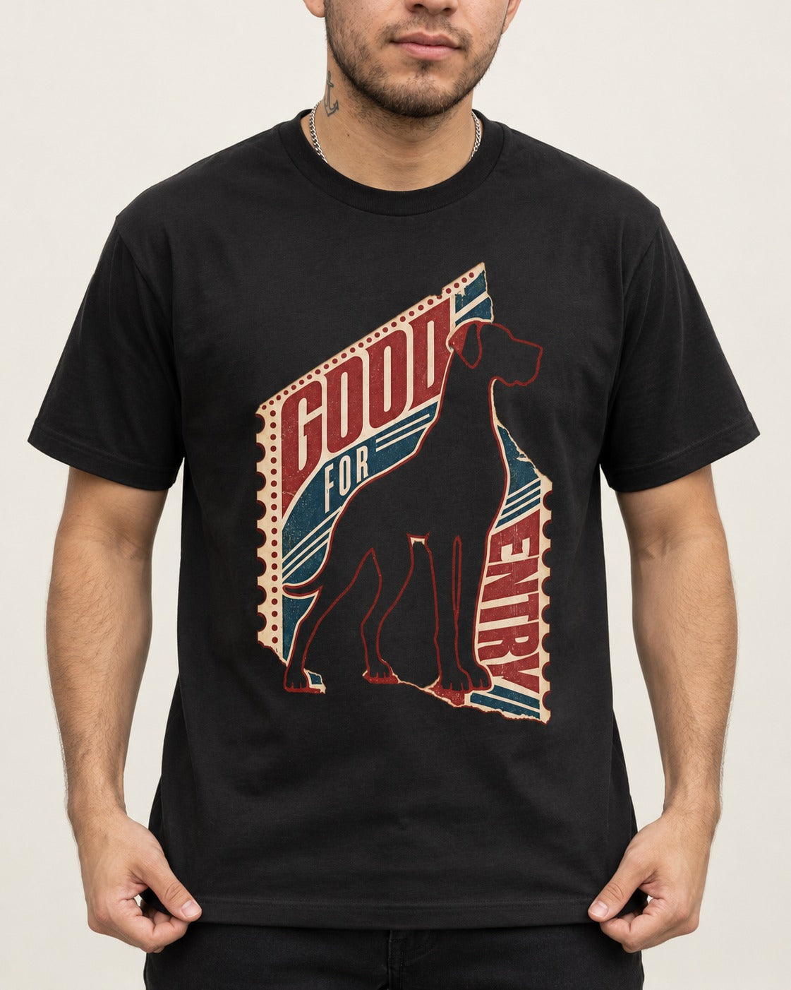 Great Dane Good for Nothing Ticket Cutout Graphic T-Shirt in Black, worn by a model, front view