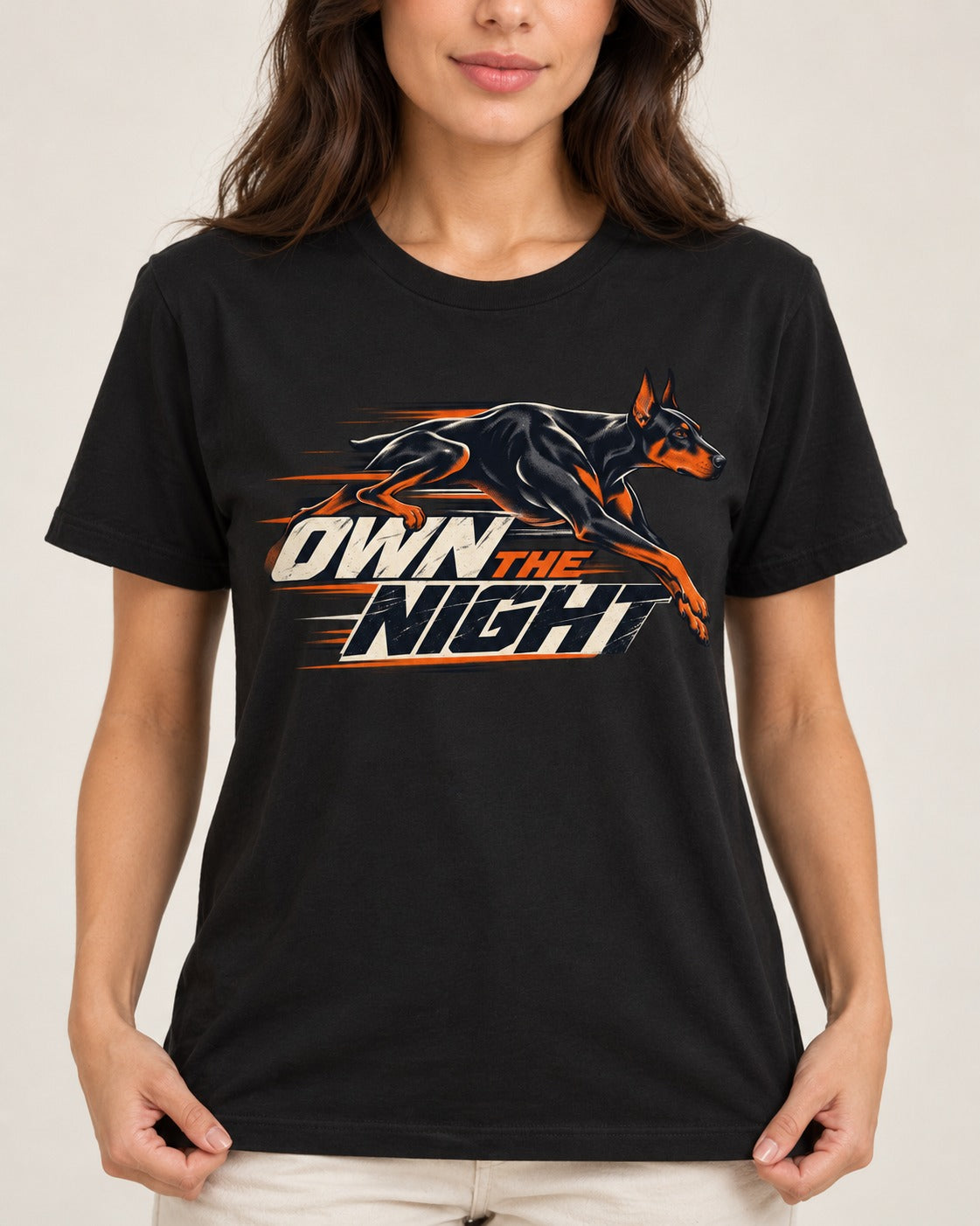 Doberman Own the Night Speed Graphic T-Shirt in Black, worn by a model, front view