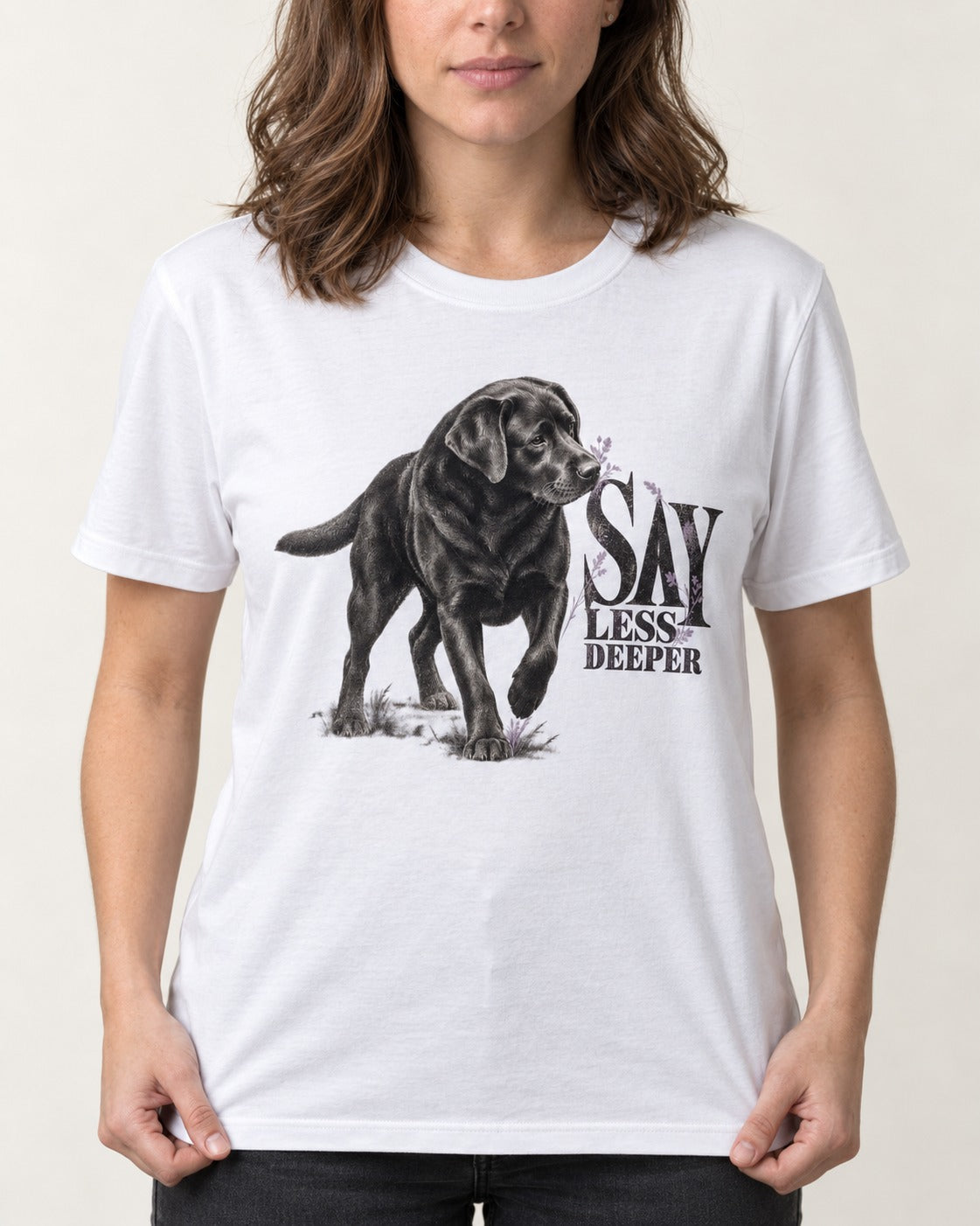 Say Less Deeper Labrador Retriever T-Shirt in White, worn by a model, front view