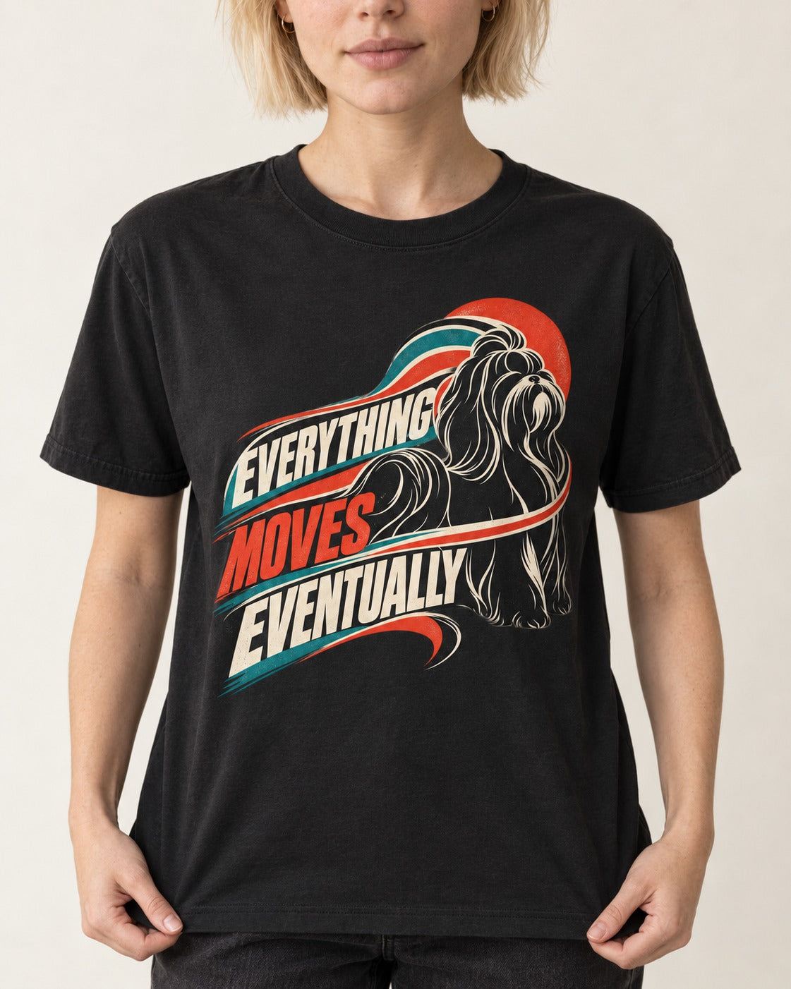 Shih Tzu Everything Moves Eventually Retro Speed Graphic T-Shirt in Black, worn by a model, front view