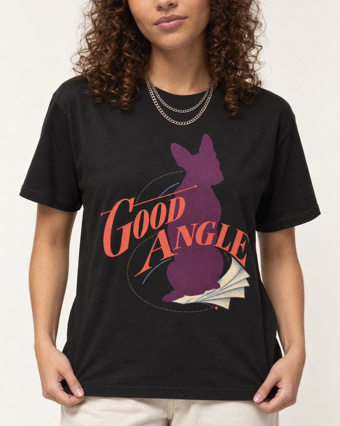 Good Angle Boston Terrier Paper Graphic T-Shirt in Black, worn by a model, front view