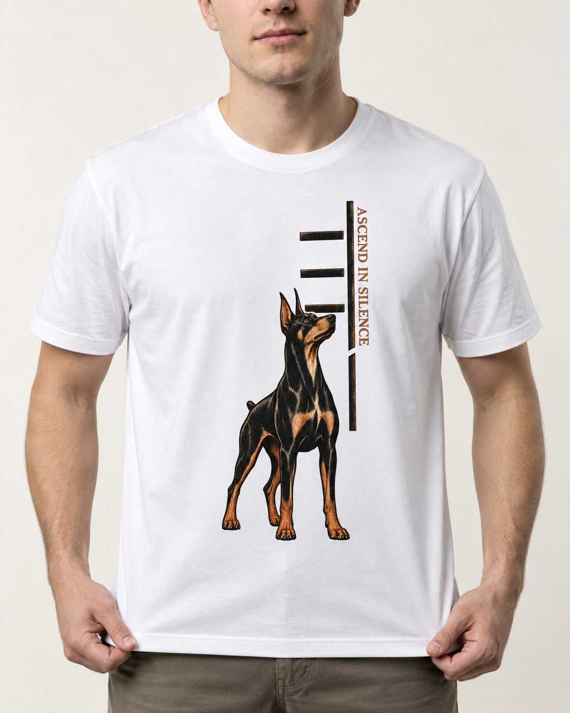 Doberman Ascend in Silence T-Shirt in White, worn by a model, front view