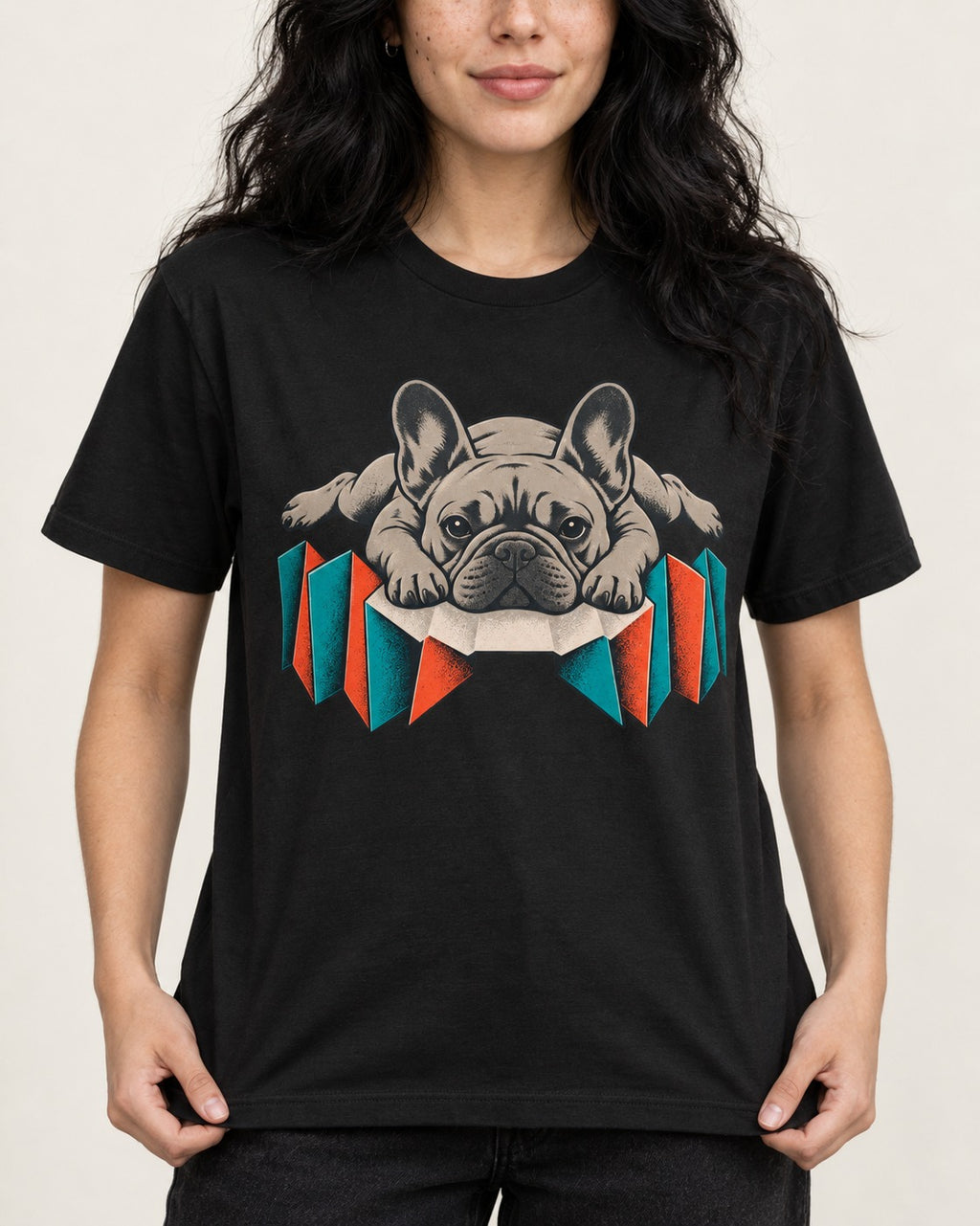 Frenchie Sploot Press Graphic T-Shirt in Black, worn by a model, front view