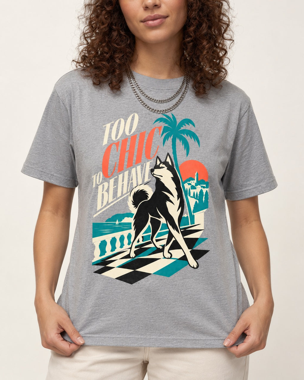 Husky Too Chic to Behave Riviera Graphic T-Shirt in Sport Grey, worn by a model, front view