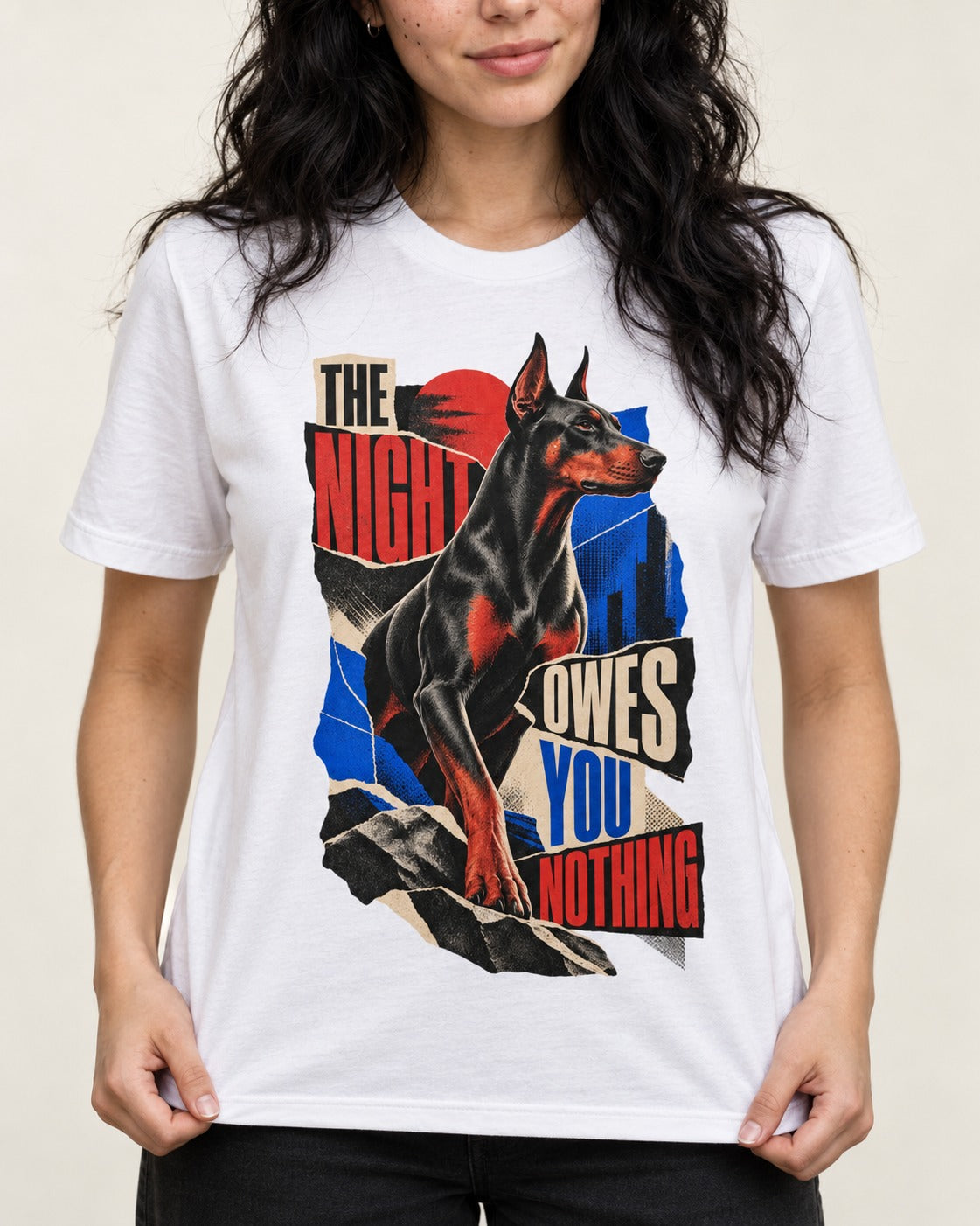Night Owes You Nothing Doberman T-Shirt in White, worn by a model, front view