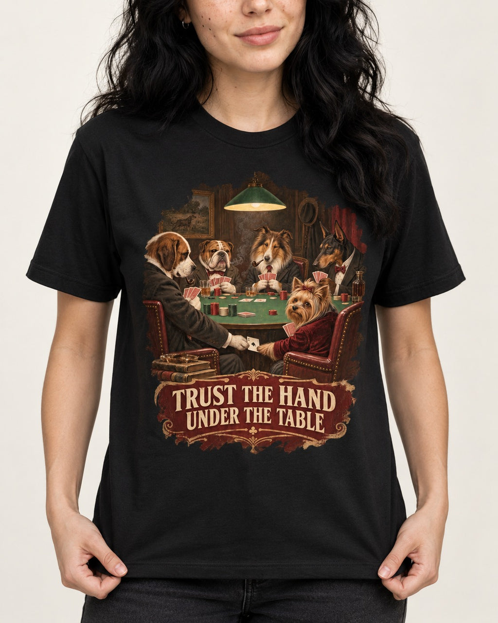 Yorkshire Terrier Trust the Hand Under the Table Poker Dogs Graphic T-Shirt in Black, worn by a model, front view