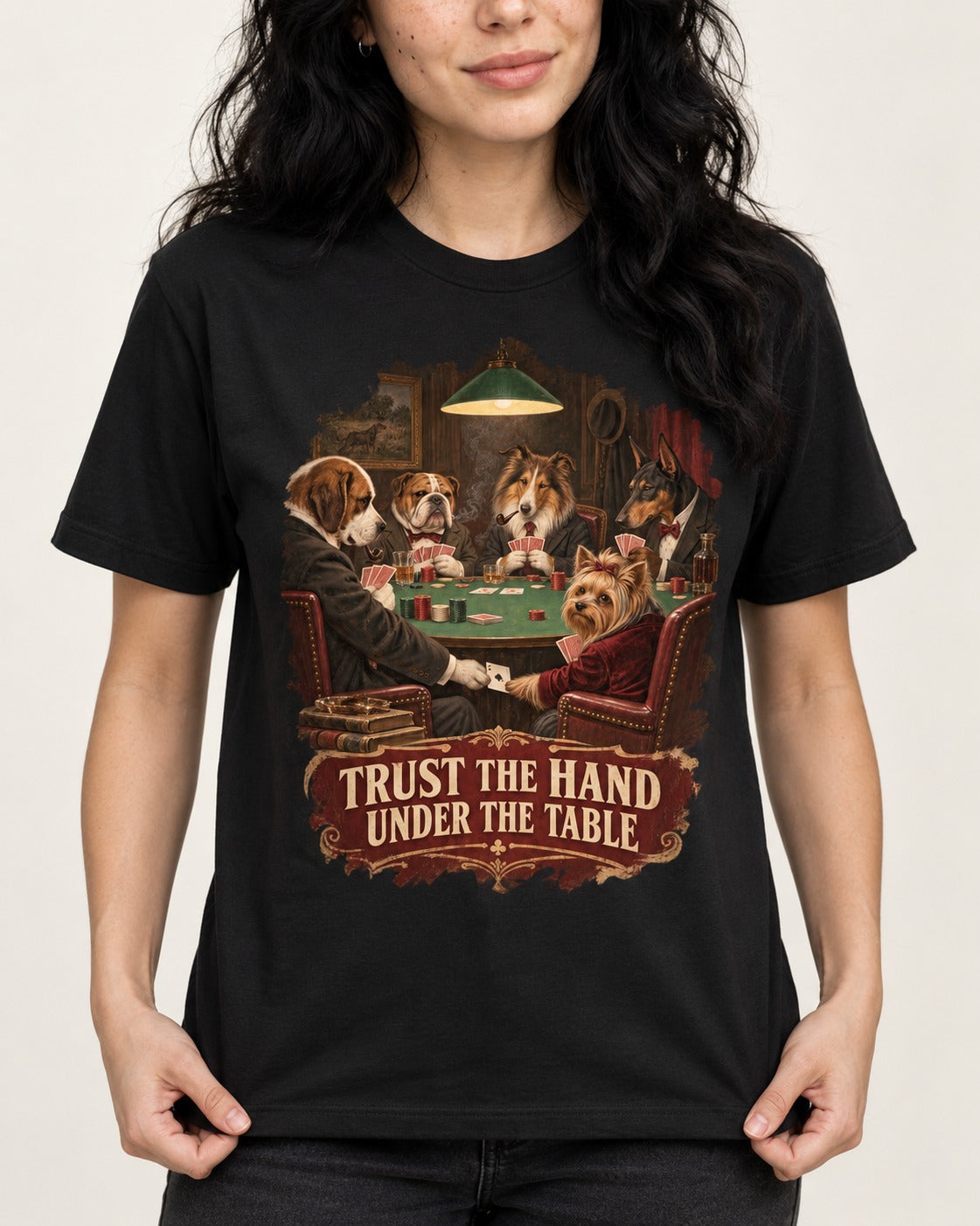 Yorkshire Terrier Trust the Hand Under the Table Poker Dogs Graphic T-Shirt in Black, worn by a model, front view
