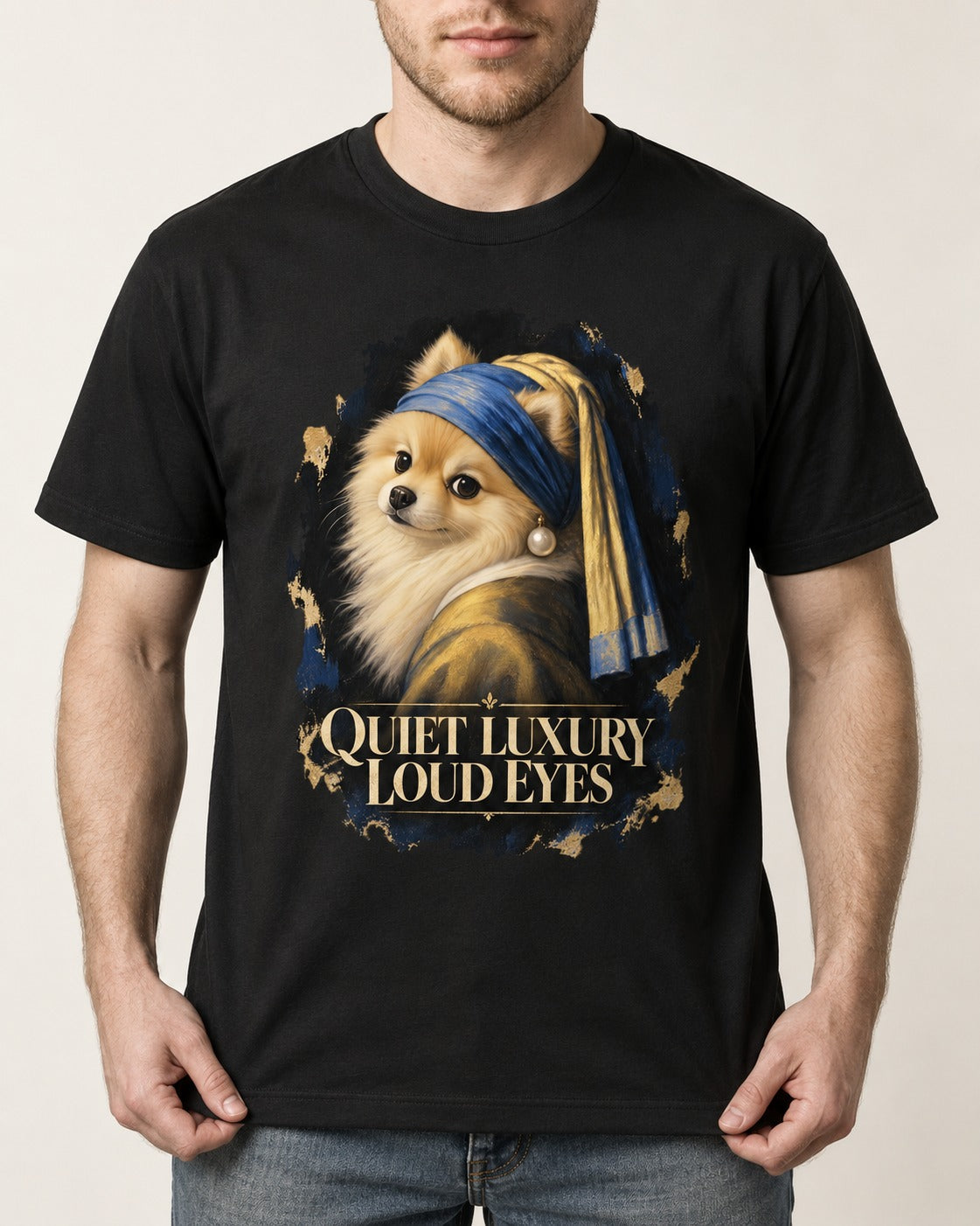 Pomeranian Quiet Luxury Loud Eyes Pearl Portrait Graphic T-Shirt in Black, worn by a model, front view