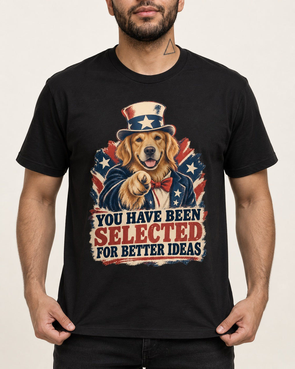 You Have Been Selected for Better Ideas Uncle Sam Golden Retriever Graphic T-Shirt in Black, worn by a model, front view