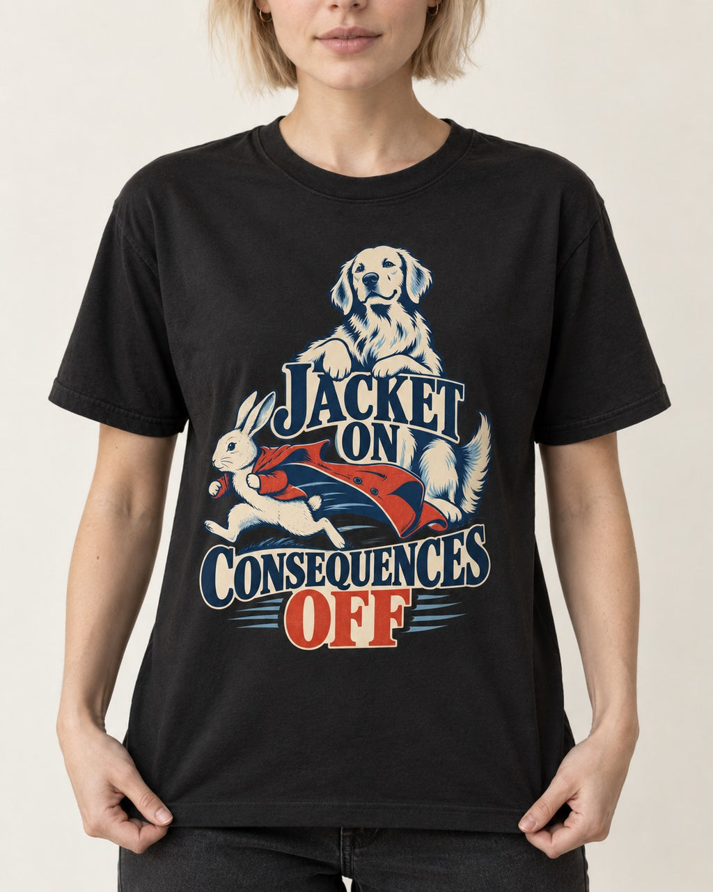 Golden Retriever Jacket On Consequences Off Rabbit Chase Graphic T-Shirt in Black, worn by a model, front view