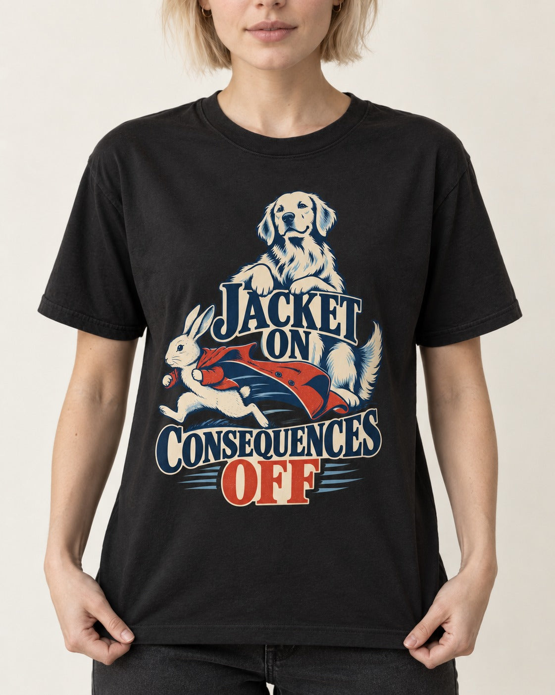 Golden Retriever Jacket On Consequences Off Rabbit Chase Graphic T-Shirt in Black, worn by a model, front view
