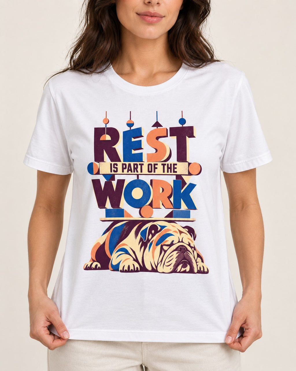 Rest Is Work English Bulldog T-Shirt in White, worn by a model, front view