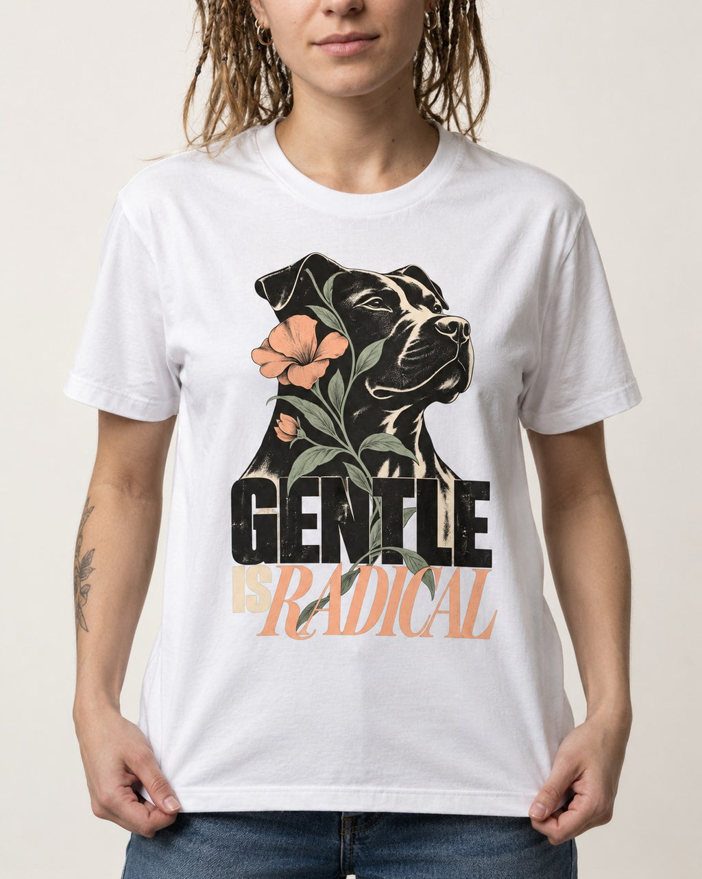 Gentle Pitbull Is Radical T-Shirt in White, worn by a model, front view