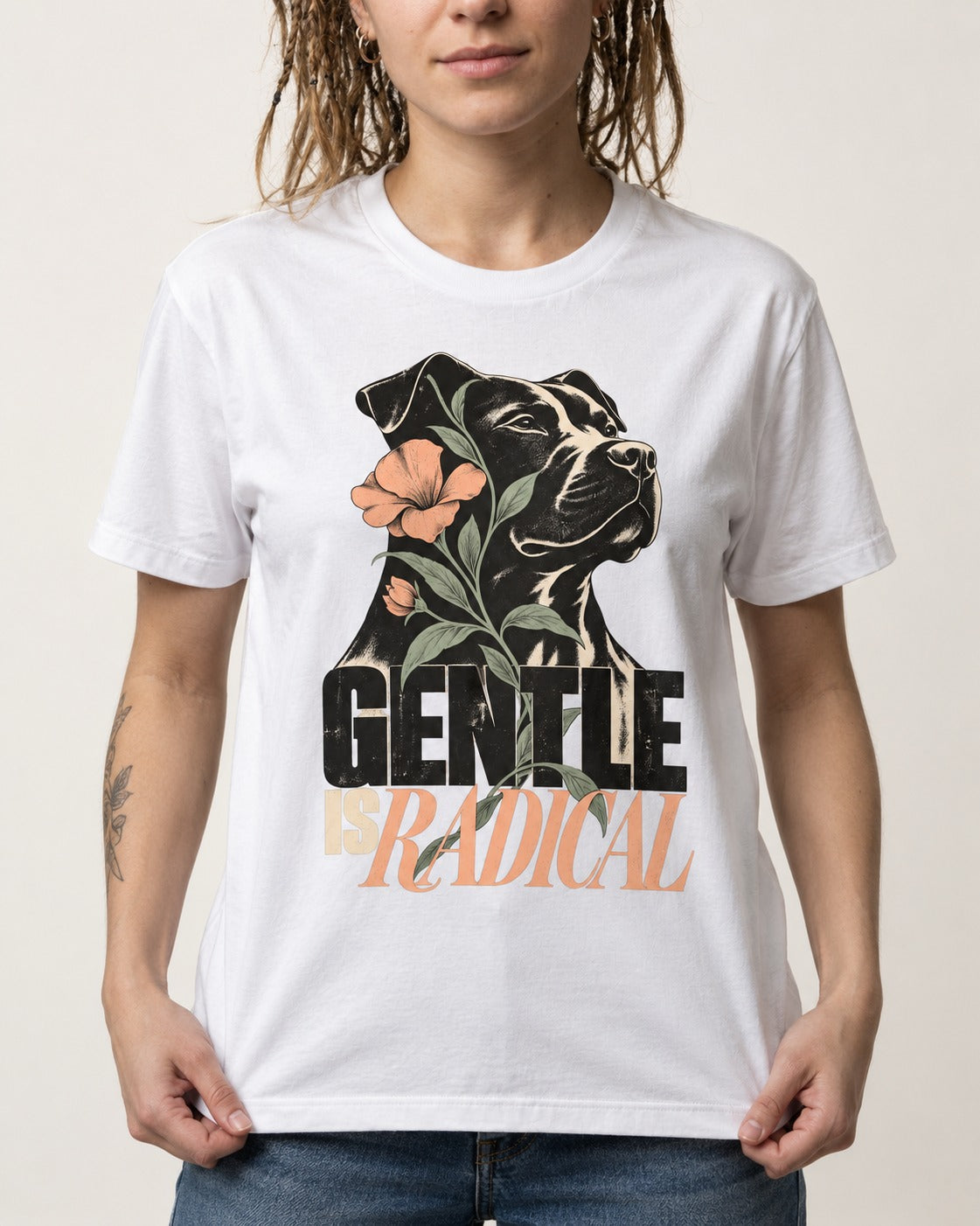 Gentle Pitbull Is Radical T-Shirt in White, worn by a model, front view