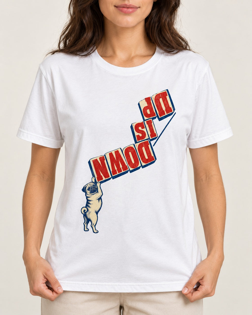 Down Is Up Pug T-Shirt in White, worn by a model, front view