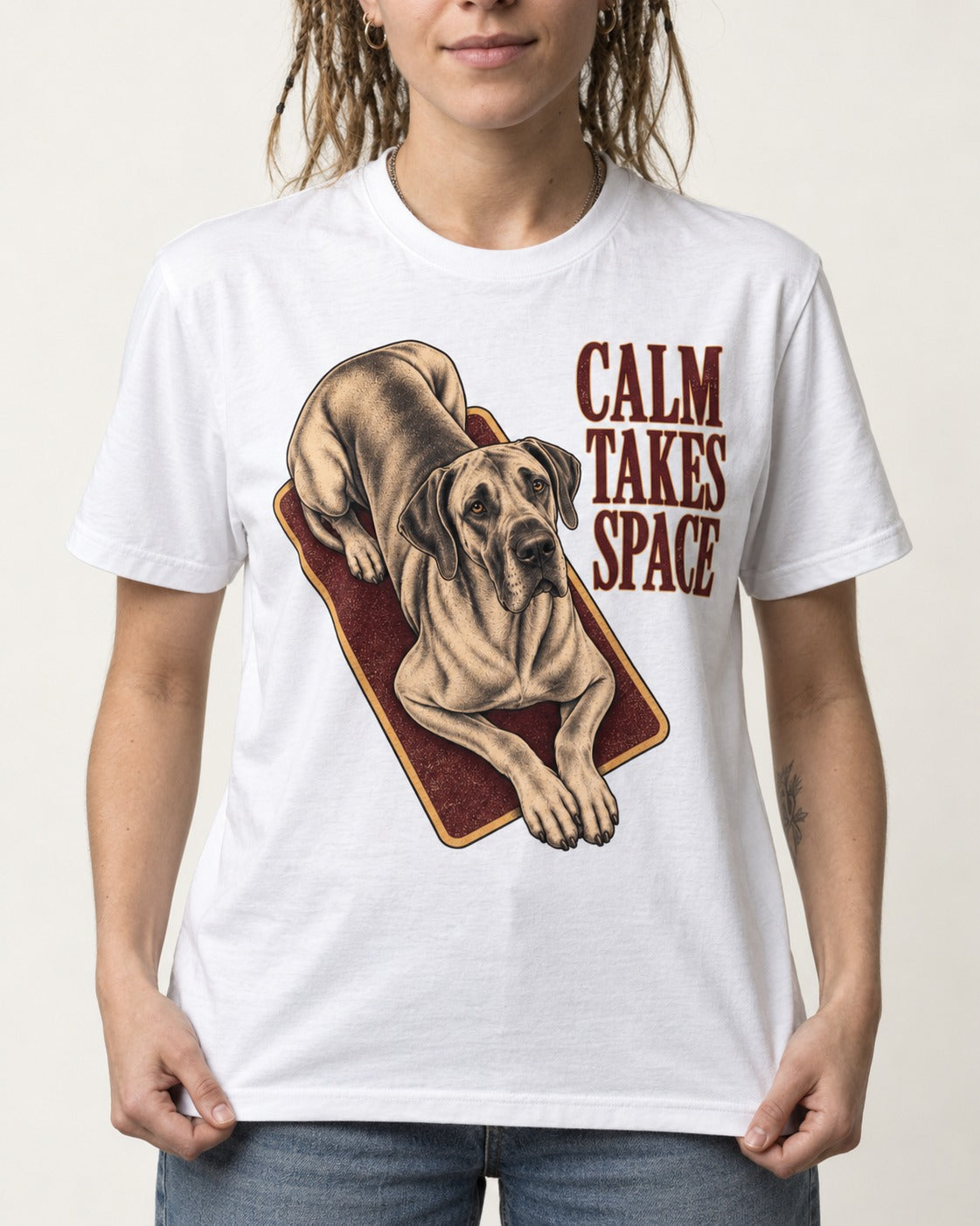 Great Dane Calm Takes Space T-Shirt in White, worn by a model, front view