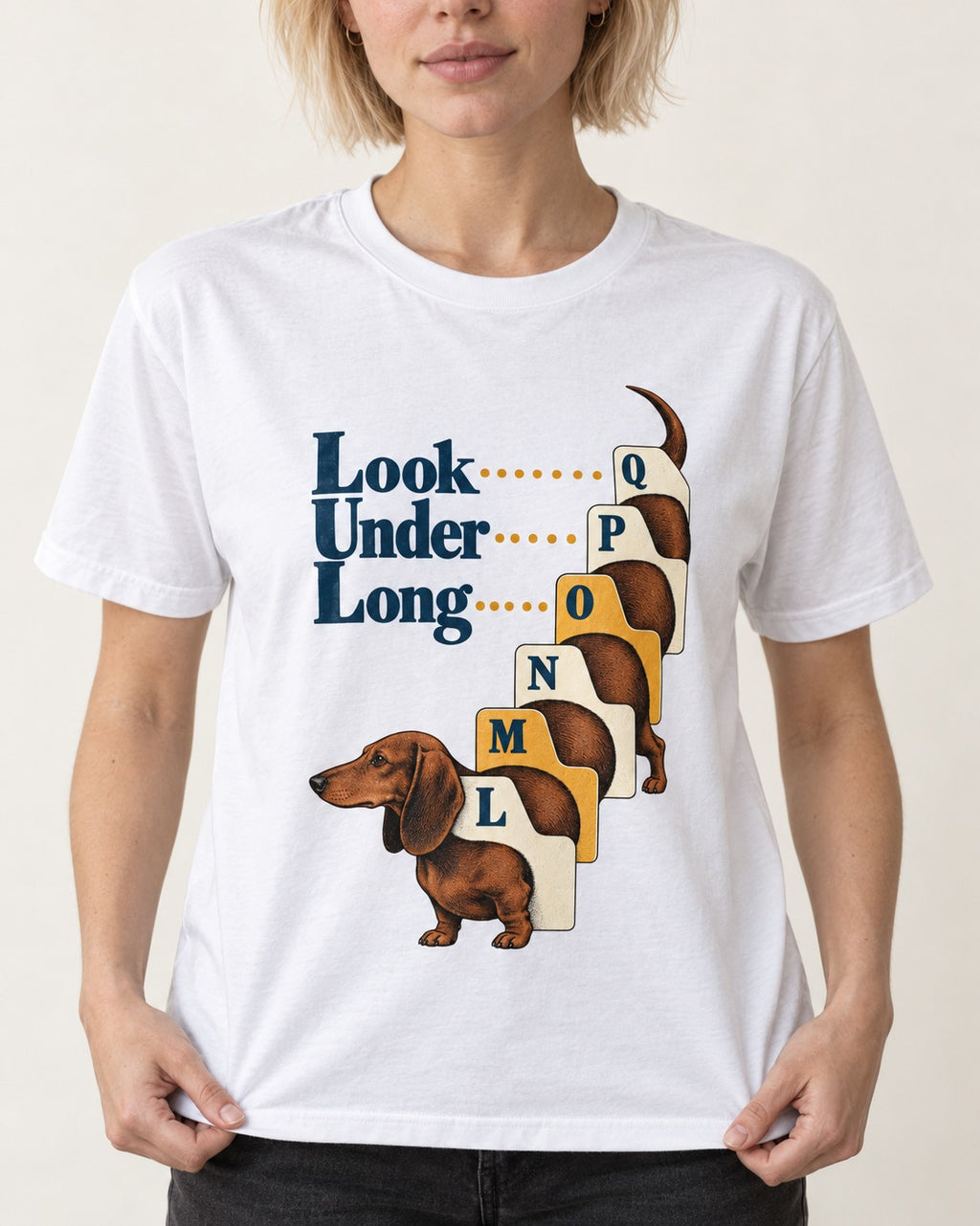 Look Under Long Dachshund T-Shirt in White, worn by a model, front view