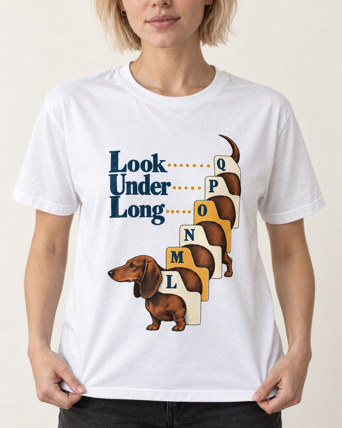 Look Under Long Dachshund T-Shirt in White, worn by a model, front view