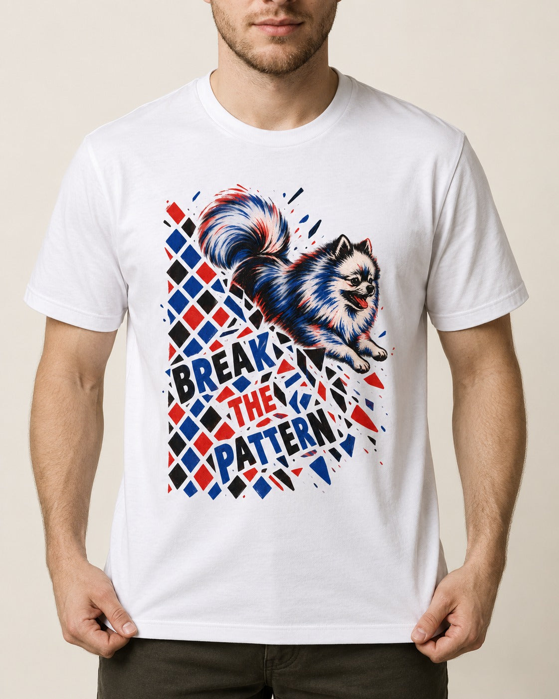 Pomeranian Break the Pattern T-Shirt in White, worn by a model, front view