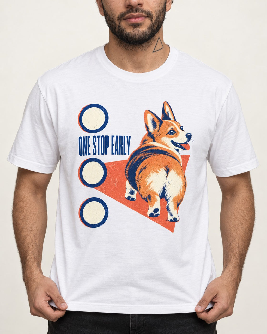 One Stop Early Corgi T-Shirt in White, worn by a model, front view
