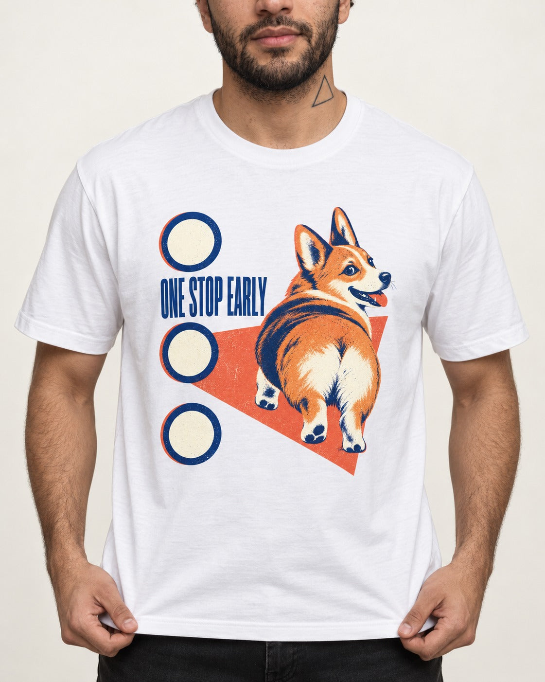One Stop Early Corgi T-Shirt in White, worn by a model, front view